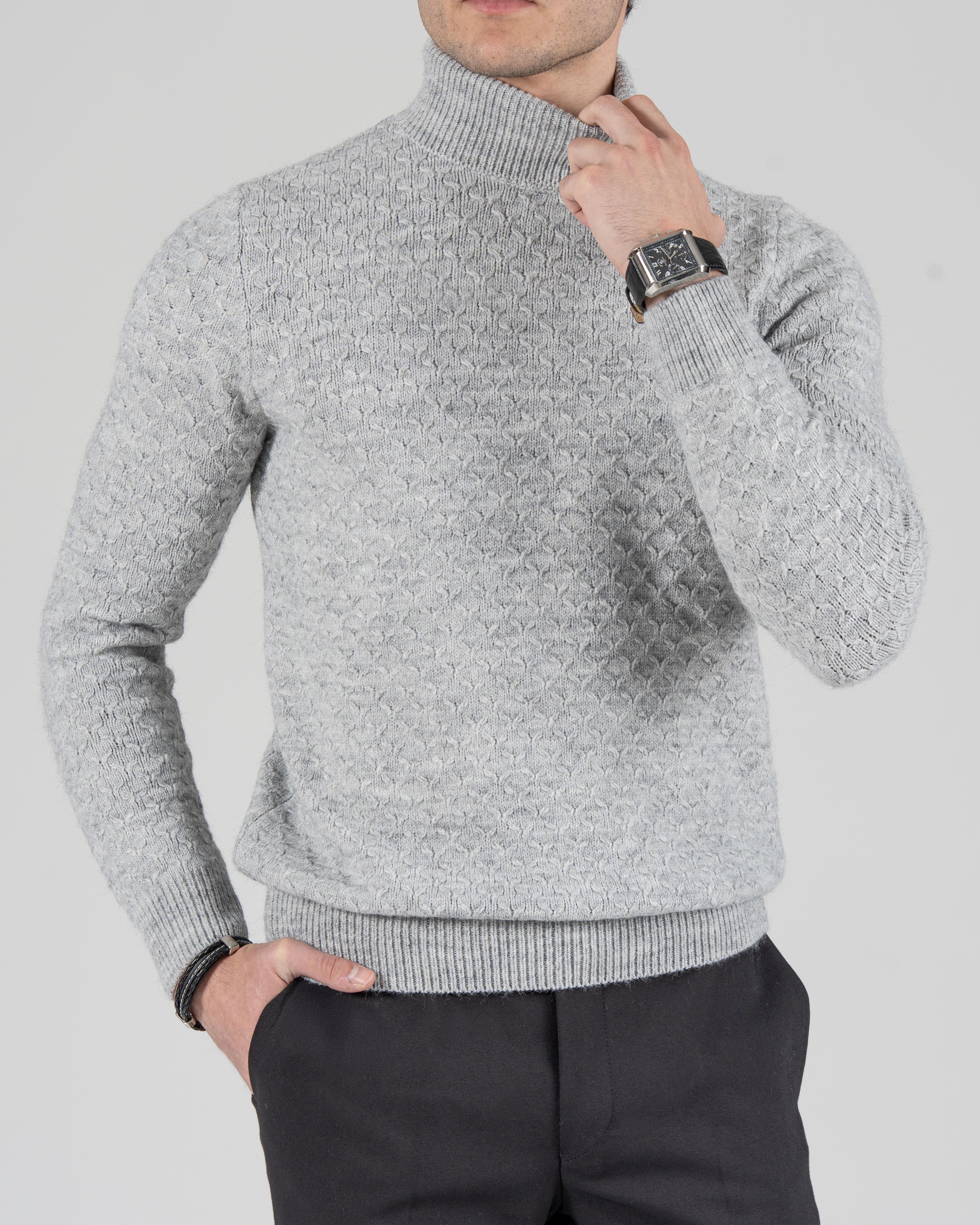 İtalyan stil slim fit boğazlı erkek triko kazak gri T13008