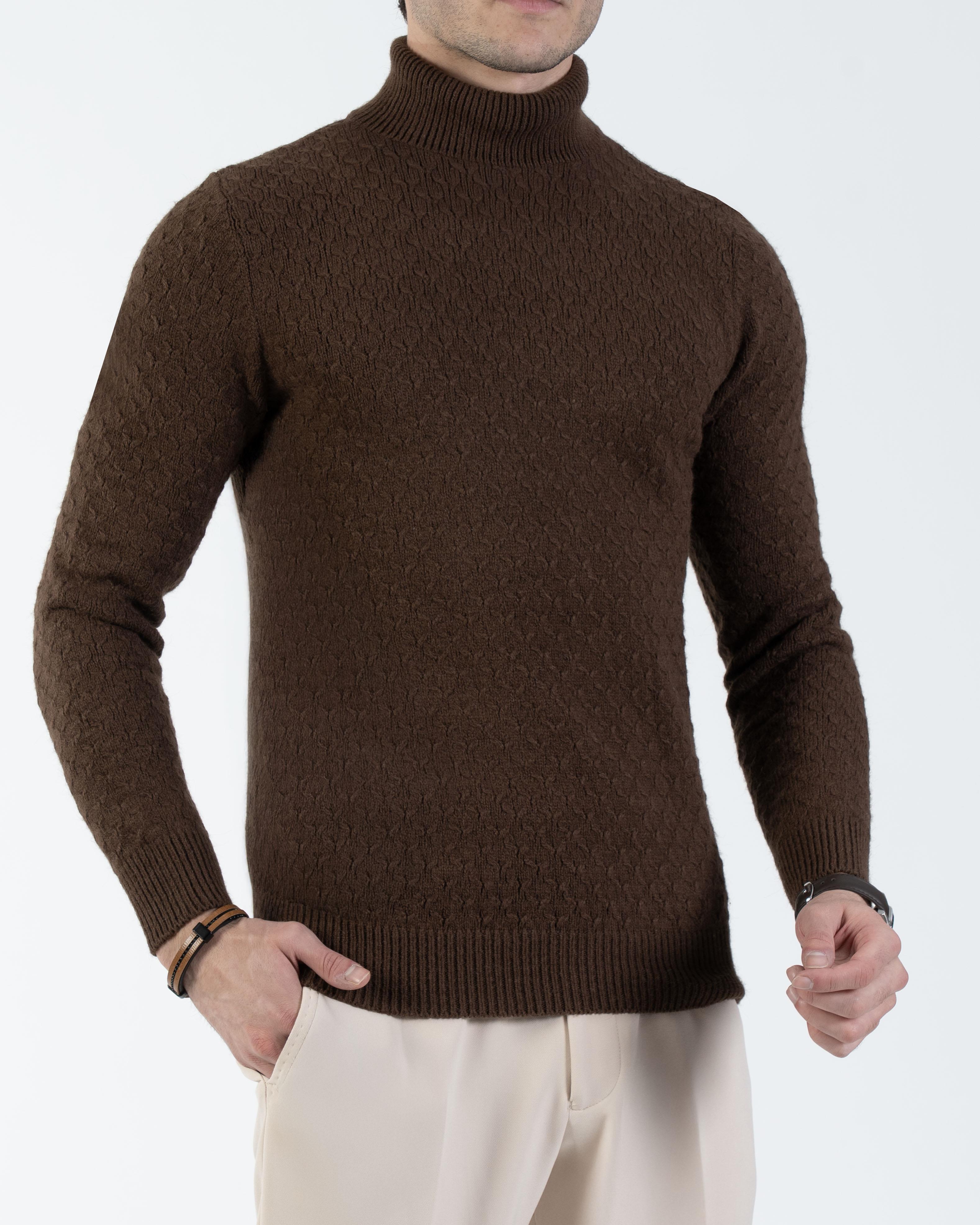 İtalyan stil slim fit boğazlı erkek triko kazak kahverengi T13005