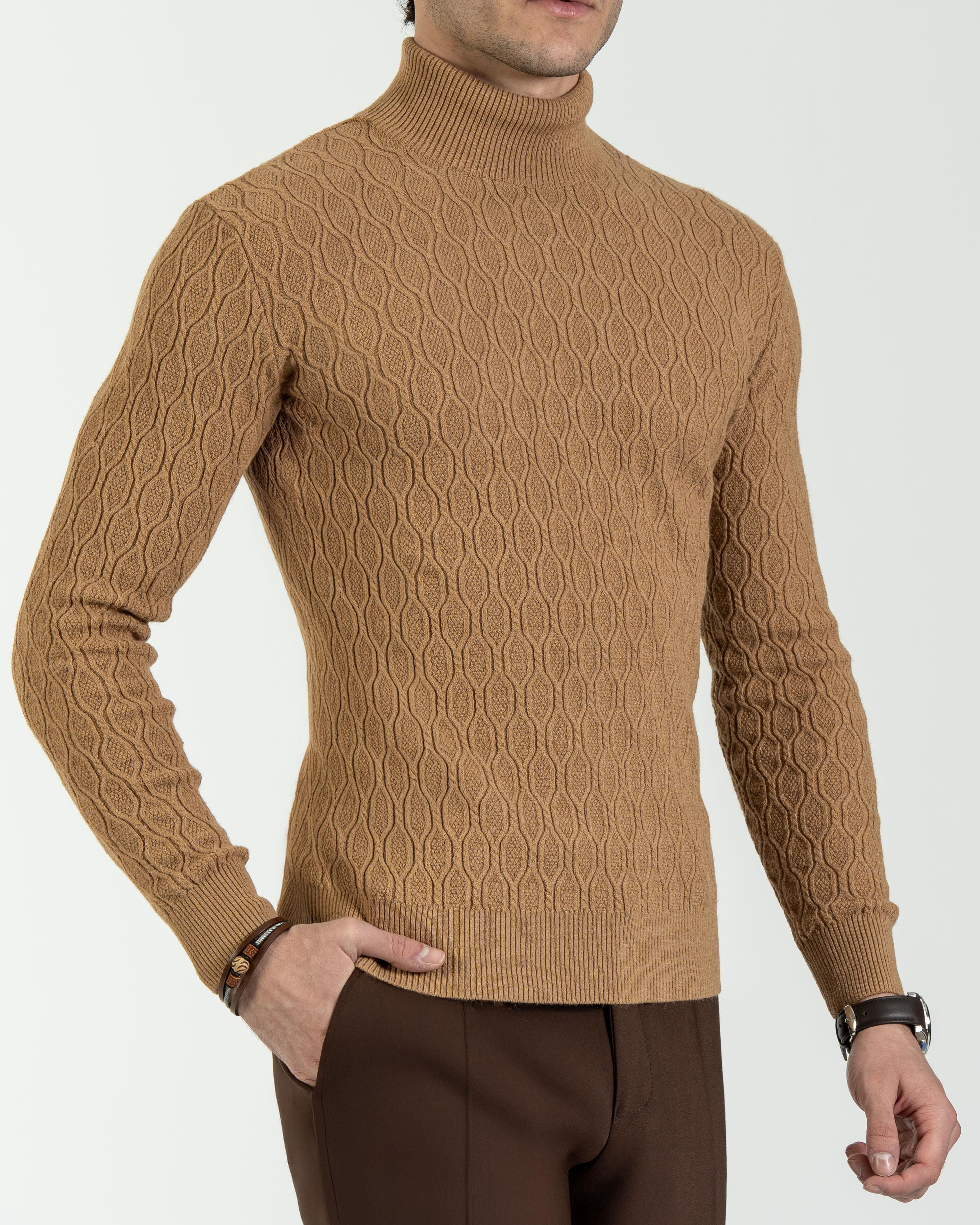 İtalyan stil slim fit boğazlı triko erkek kazak camel T13250