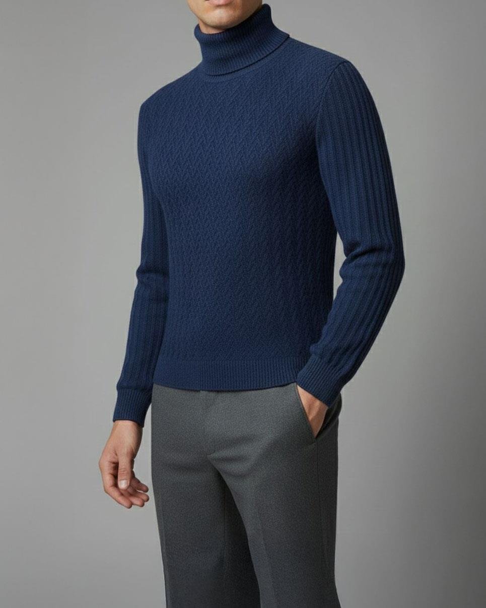 İtalyan stil slim fit boğazlı triko erkek kazak lacivert T10608