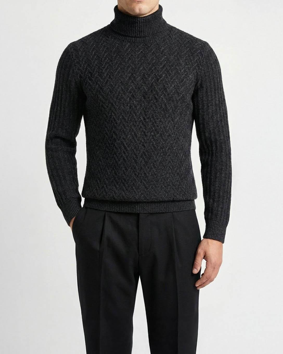 İtalyan stil slim fit boğazlı triko erkek kazak siyah T10612