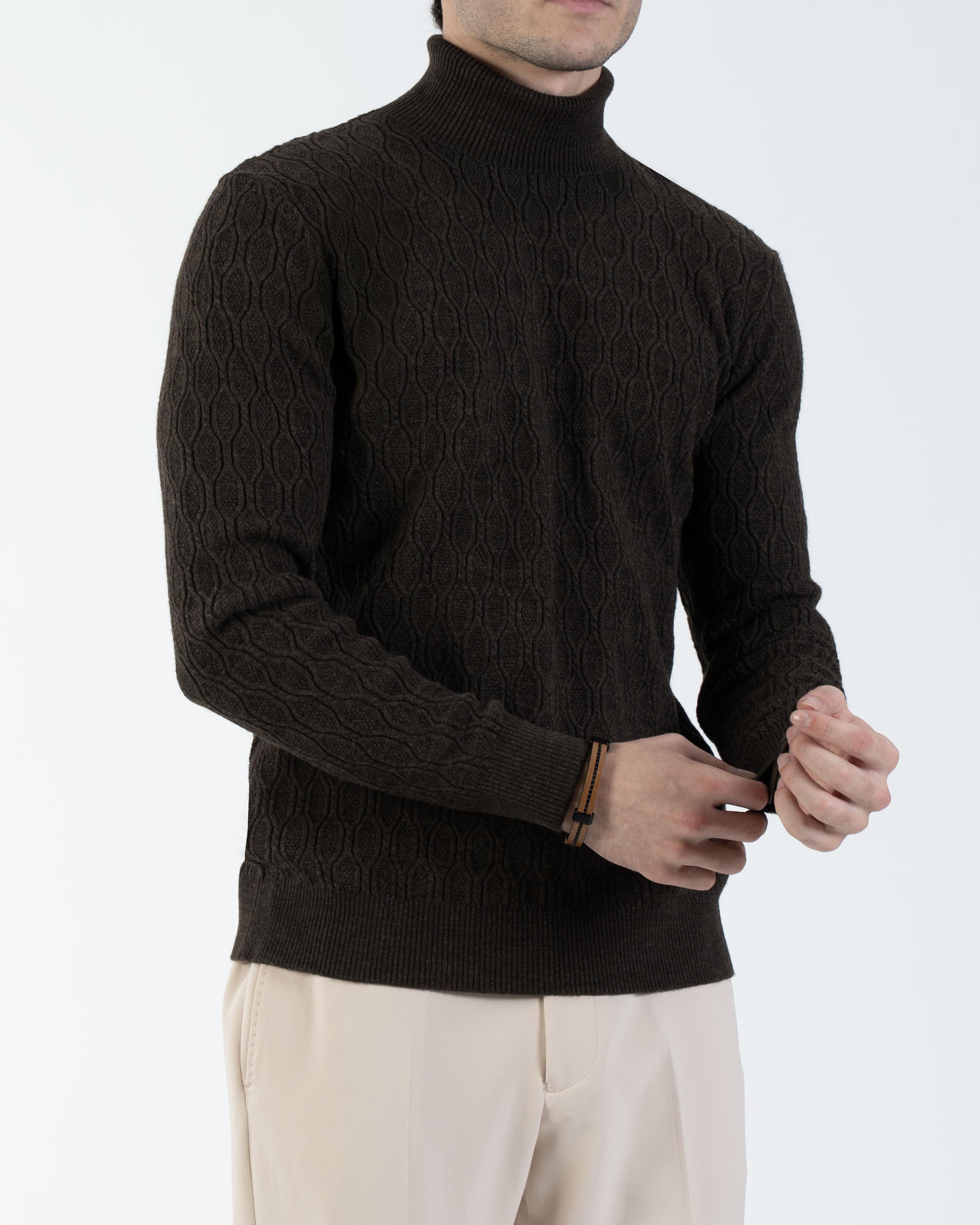 İtalyan stil slim fit boğazlı triko erkek kazak kahverengi T13248