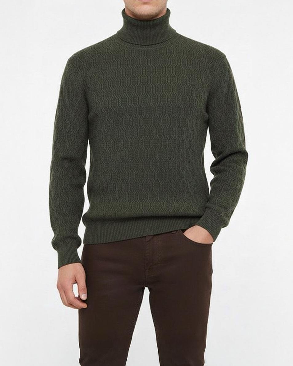 İtalyan stil slim fit boğazlı triko erkek kazak haki T13254