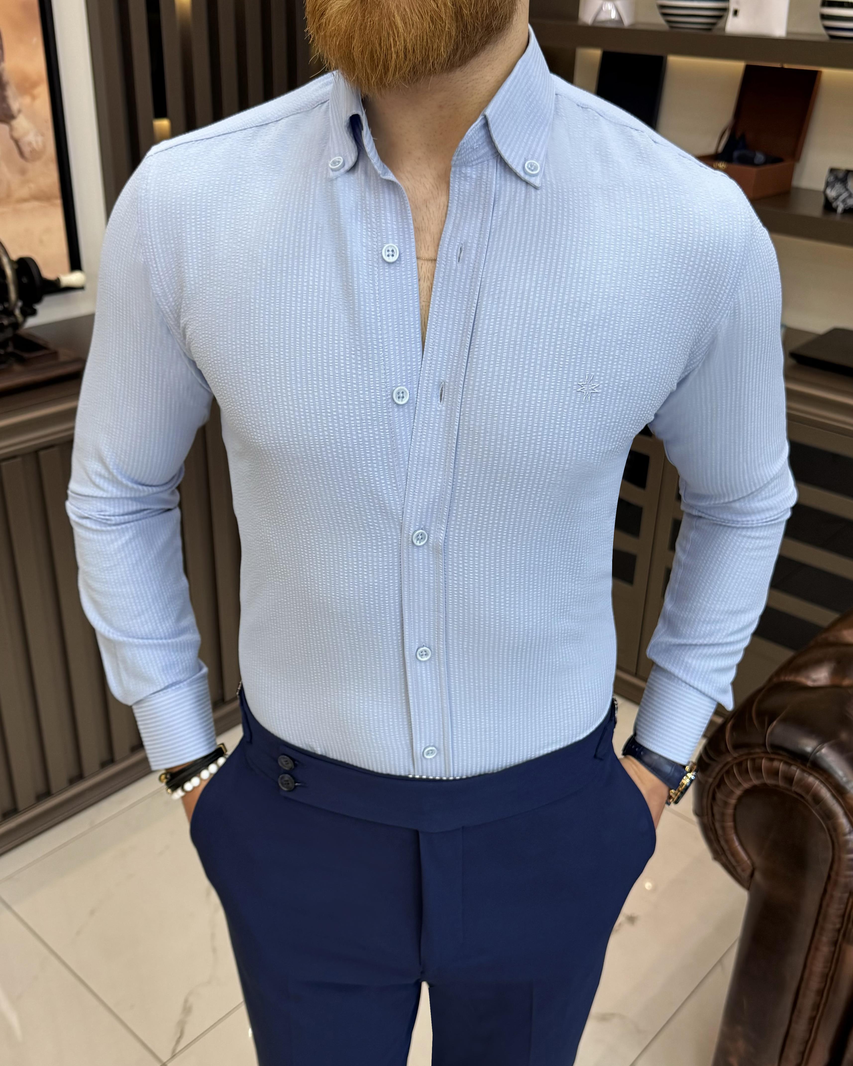 İtalyan stil slim fit bumbac kumaş dik yaka erkek gömlek mavi T11585