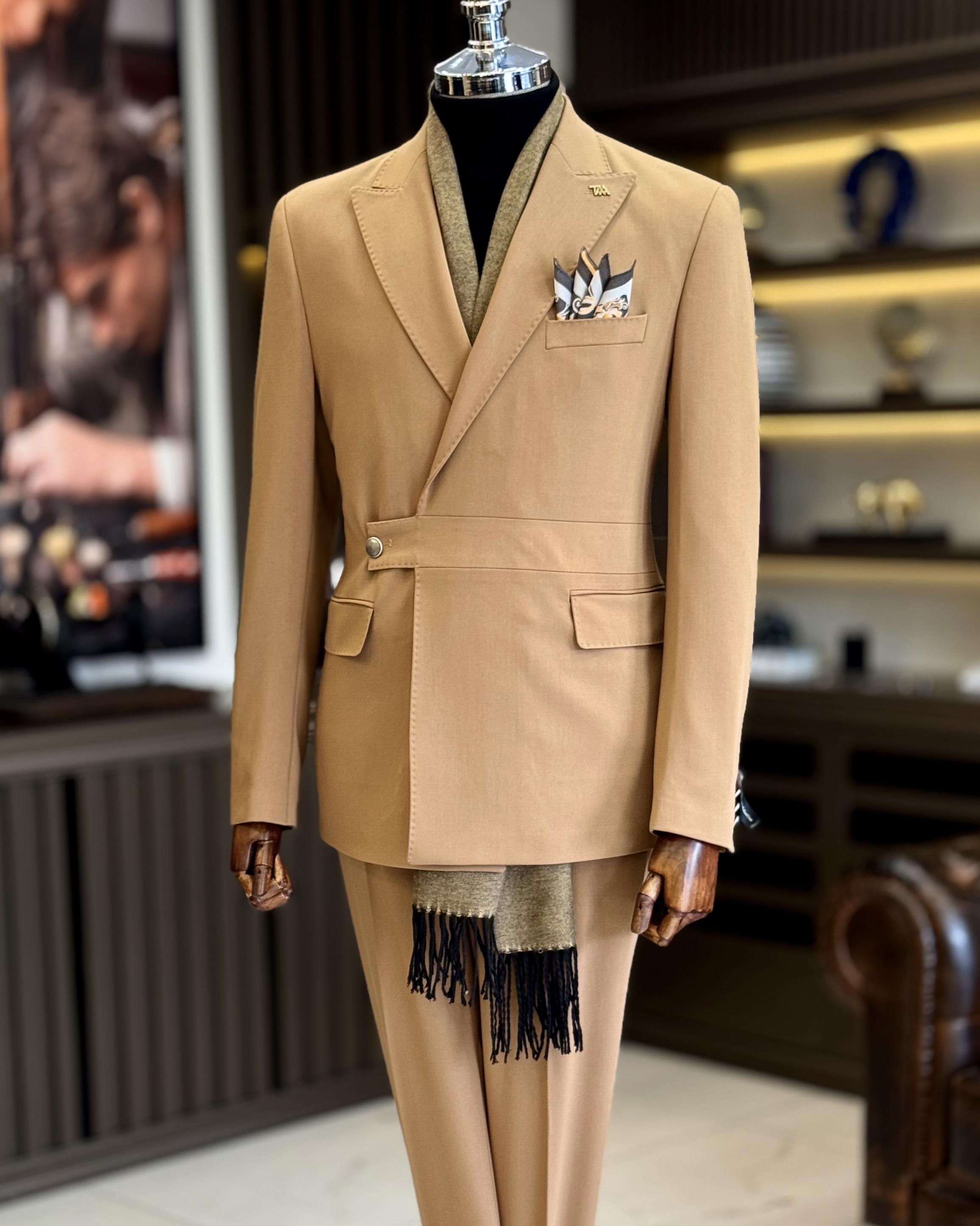 İtalyan stil slim fit ceket pantalon takım elbise camel T13232