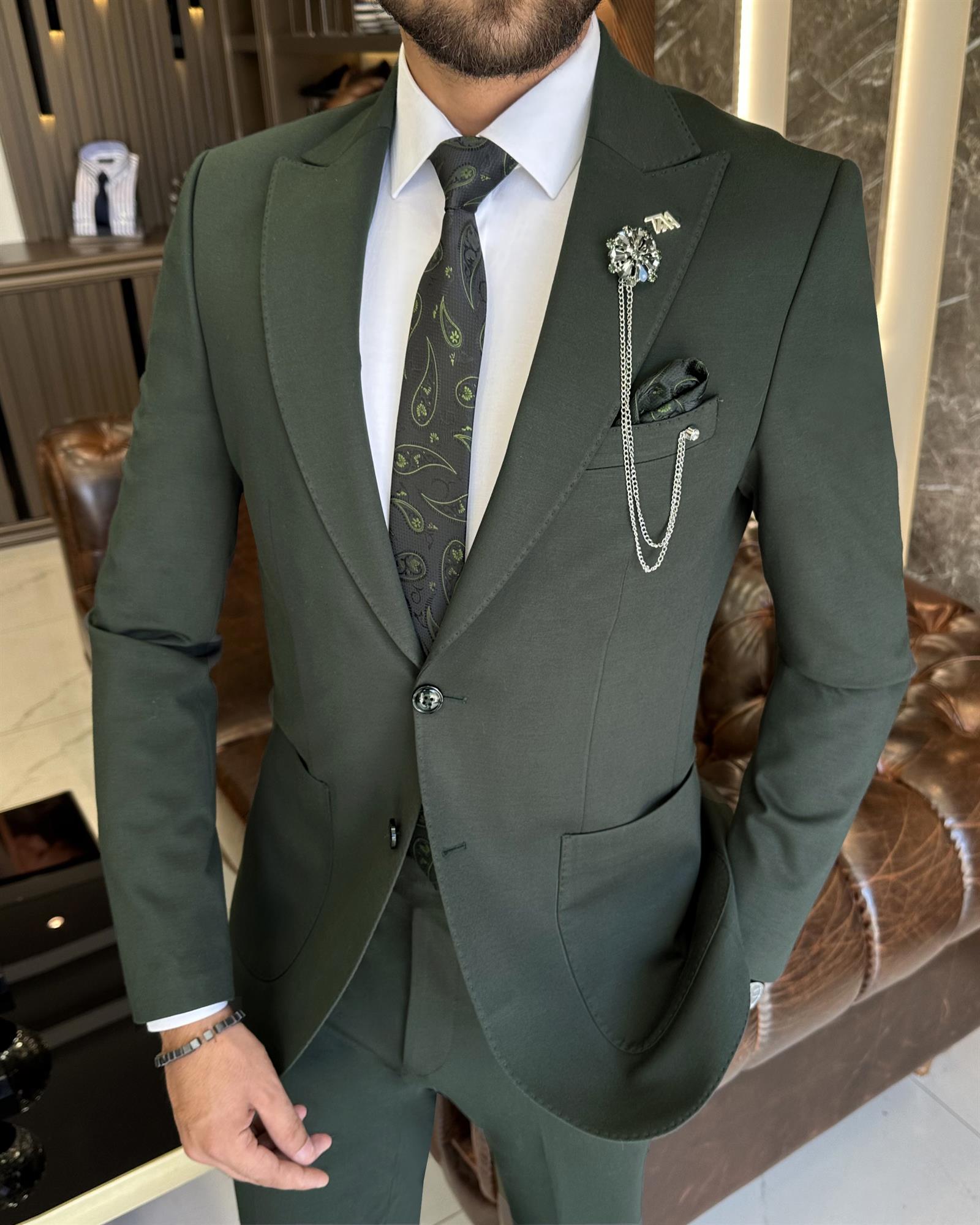 İtalyan stil slim fit ceket pantolon takım elbise yeşil T9688