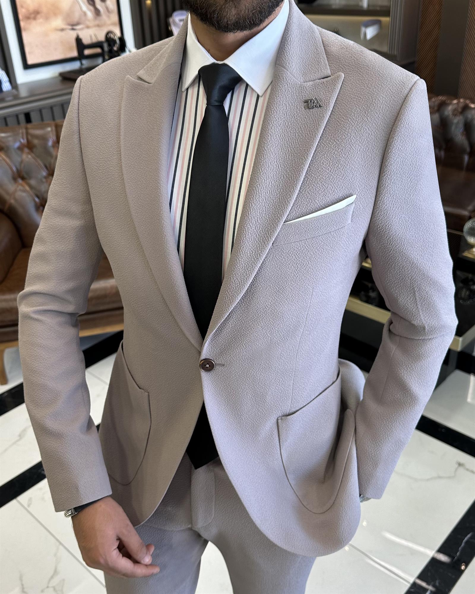 İtalyan stil slim fit  ceket pantolon takım elbise vizon T10004