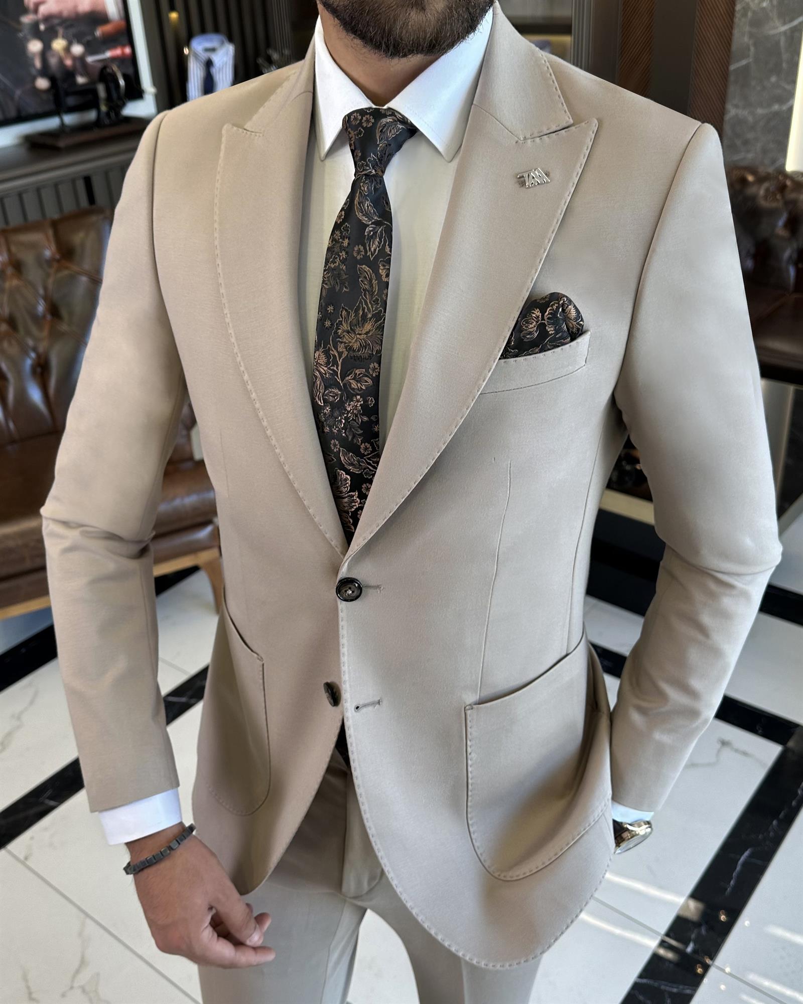 İtalyan stil slim fit ceket pantolon takım elbise camel T9691