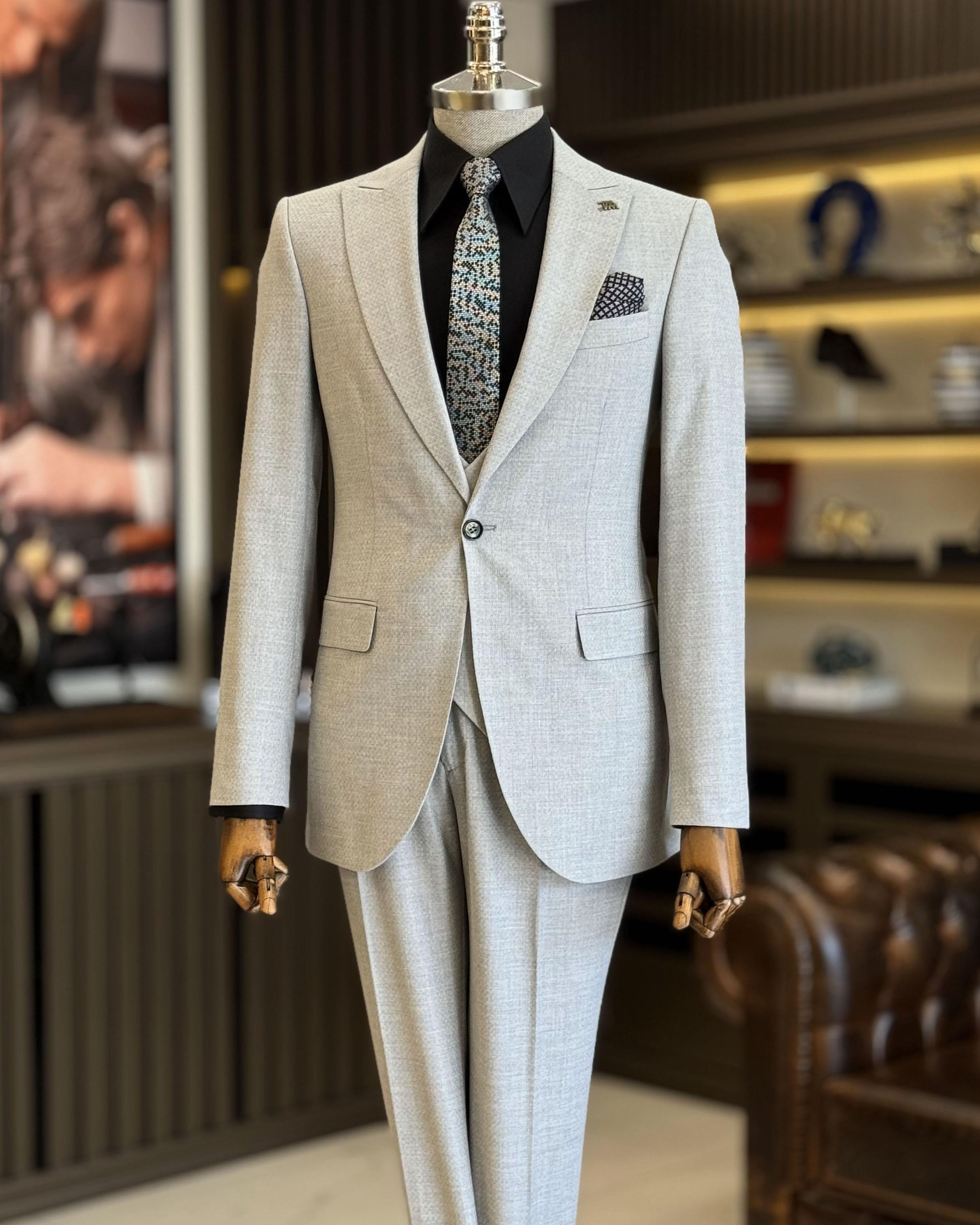 İtalyan stil slim fit ceket yelek pantolon takım elbise gri T10869