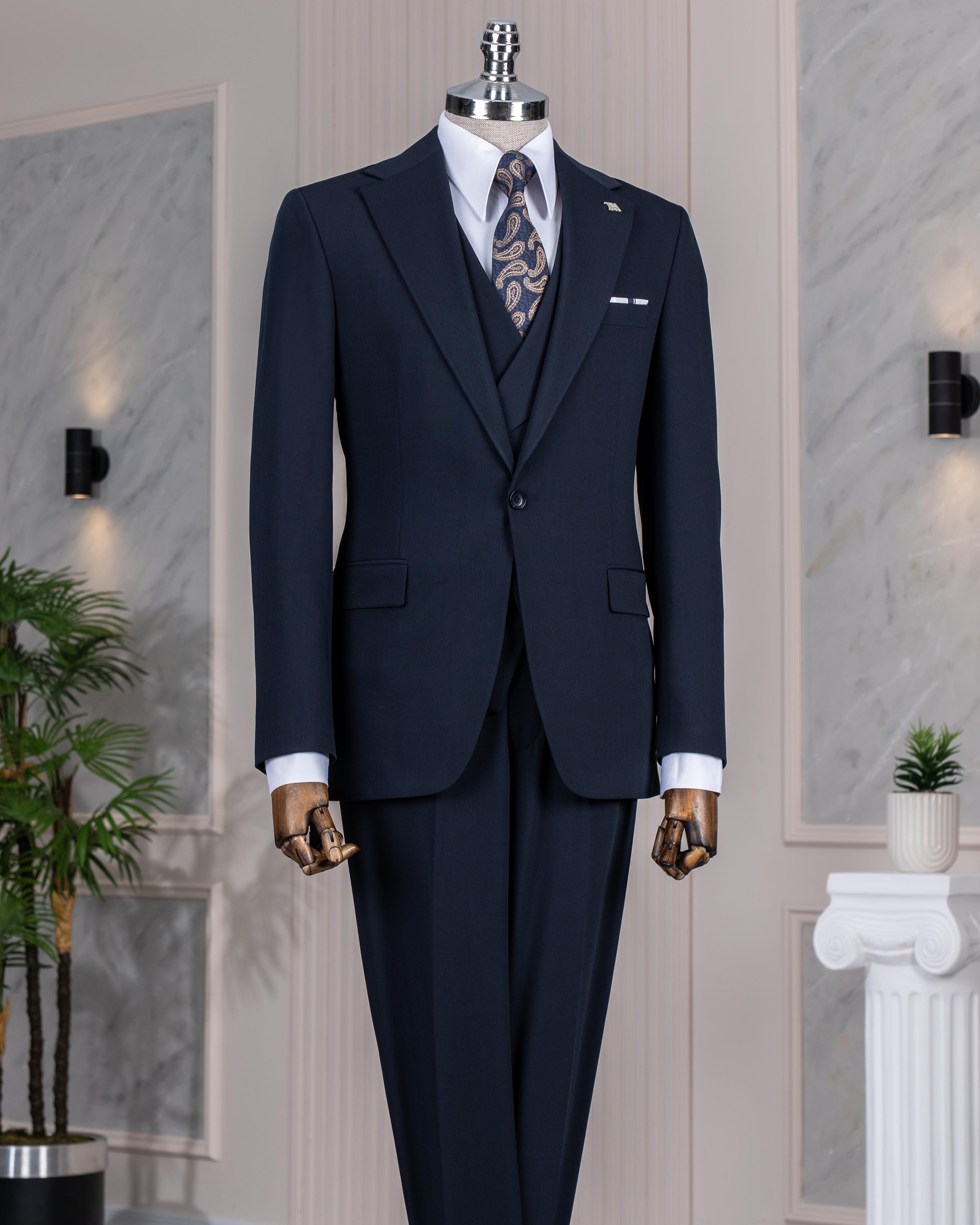 İtalyan stil slim fit ceket yelek pantolon takım elbise lacivert T14186