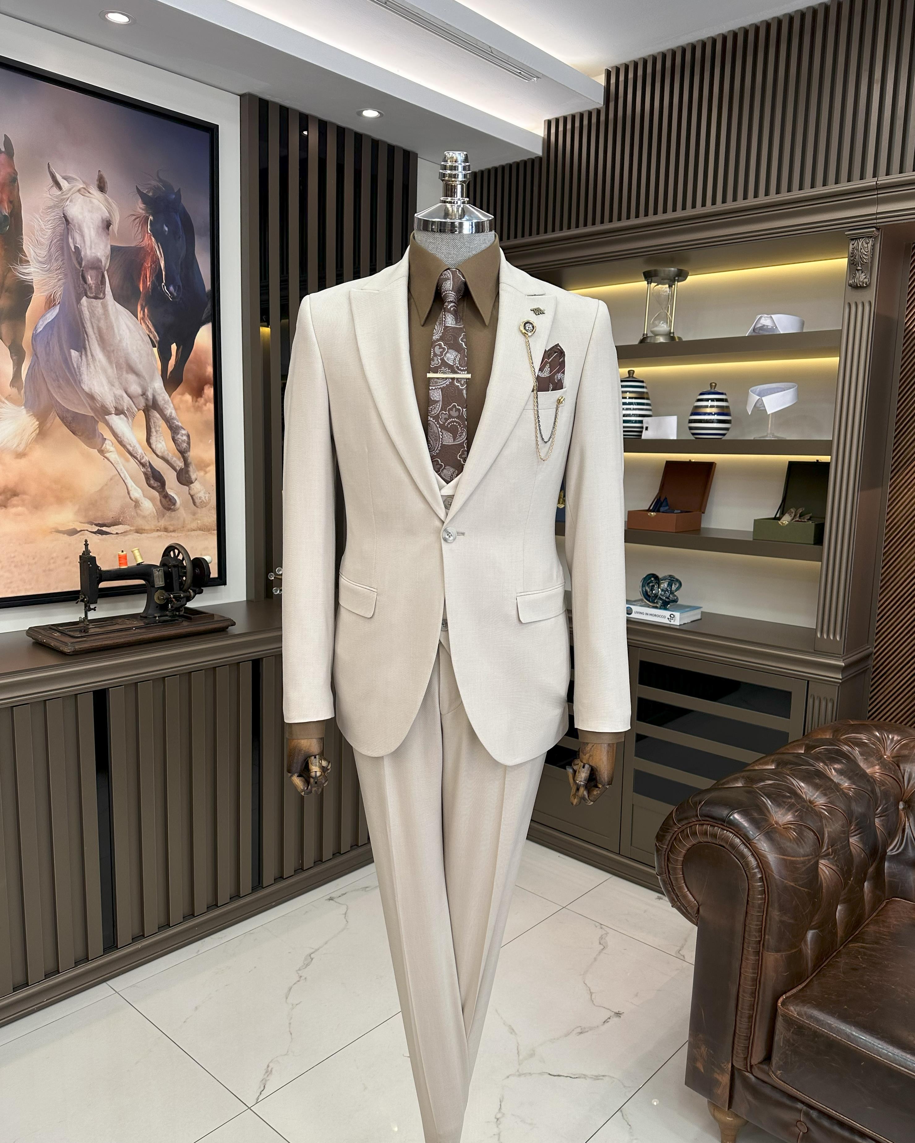  Italian style slim fit jacket vest trouser suit beige T9965
