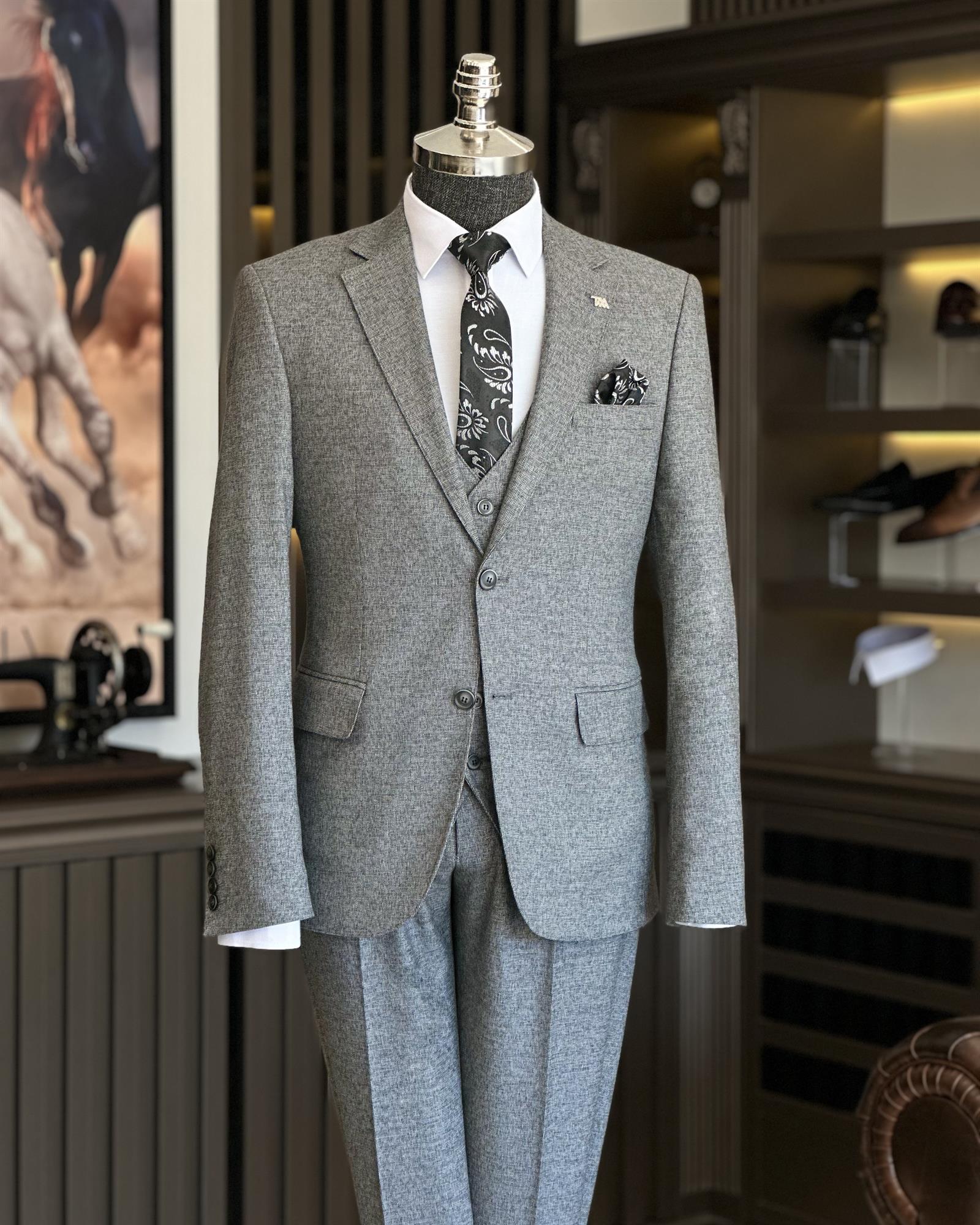Italian Style Slim Fit Jacket Vest Trousers Suits Gray T8351