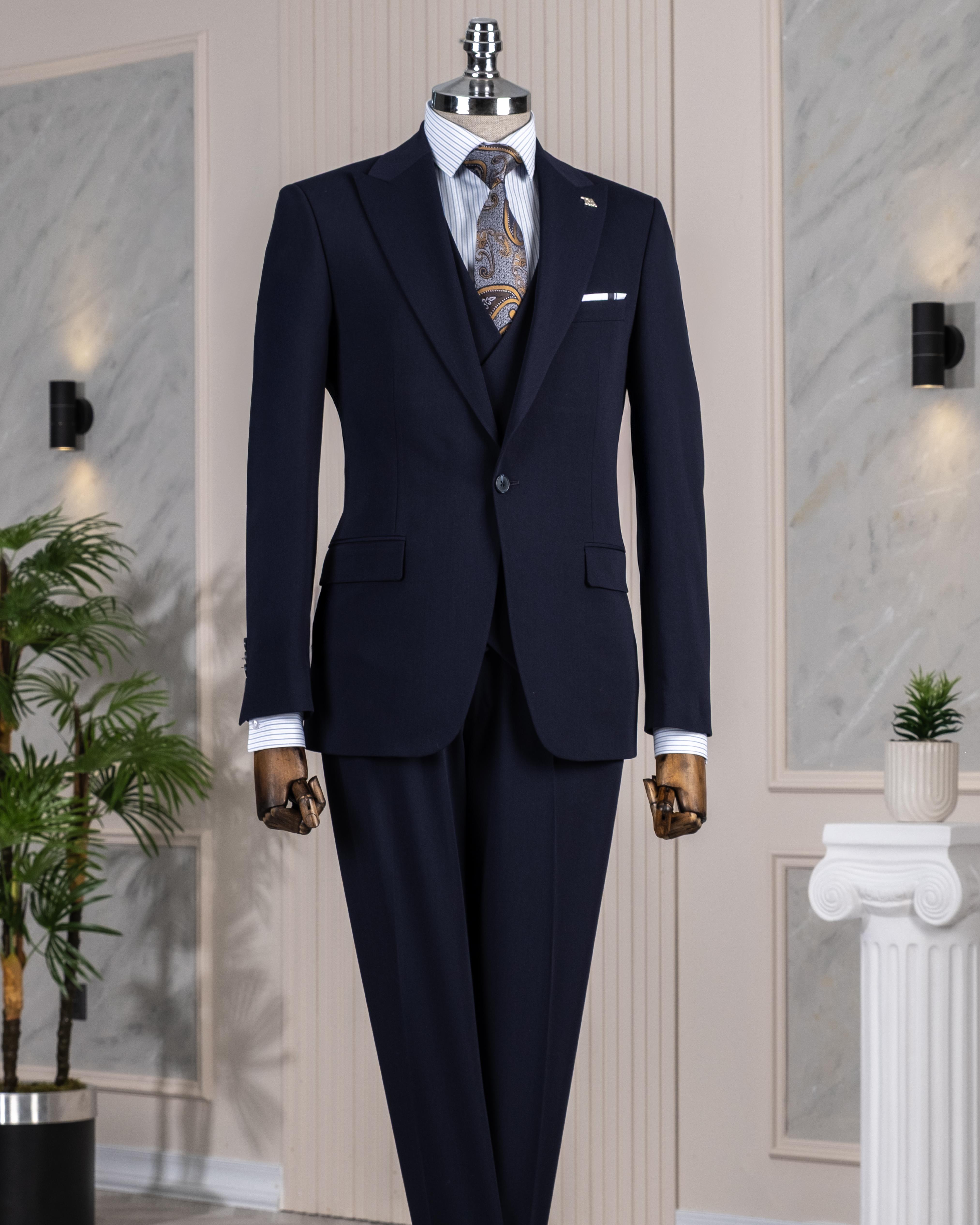 İtalyan stil slim fit ceket yelek pantalon takım elbise lacivert T13961