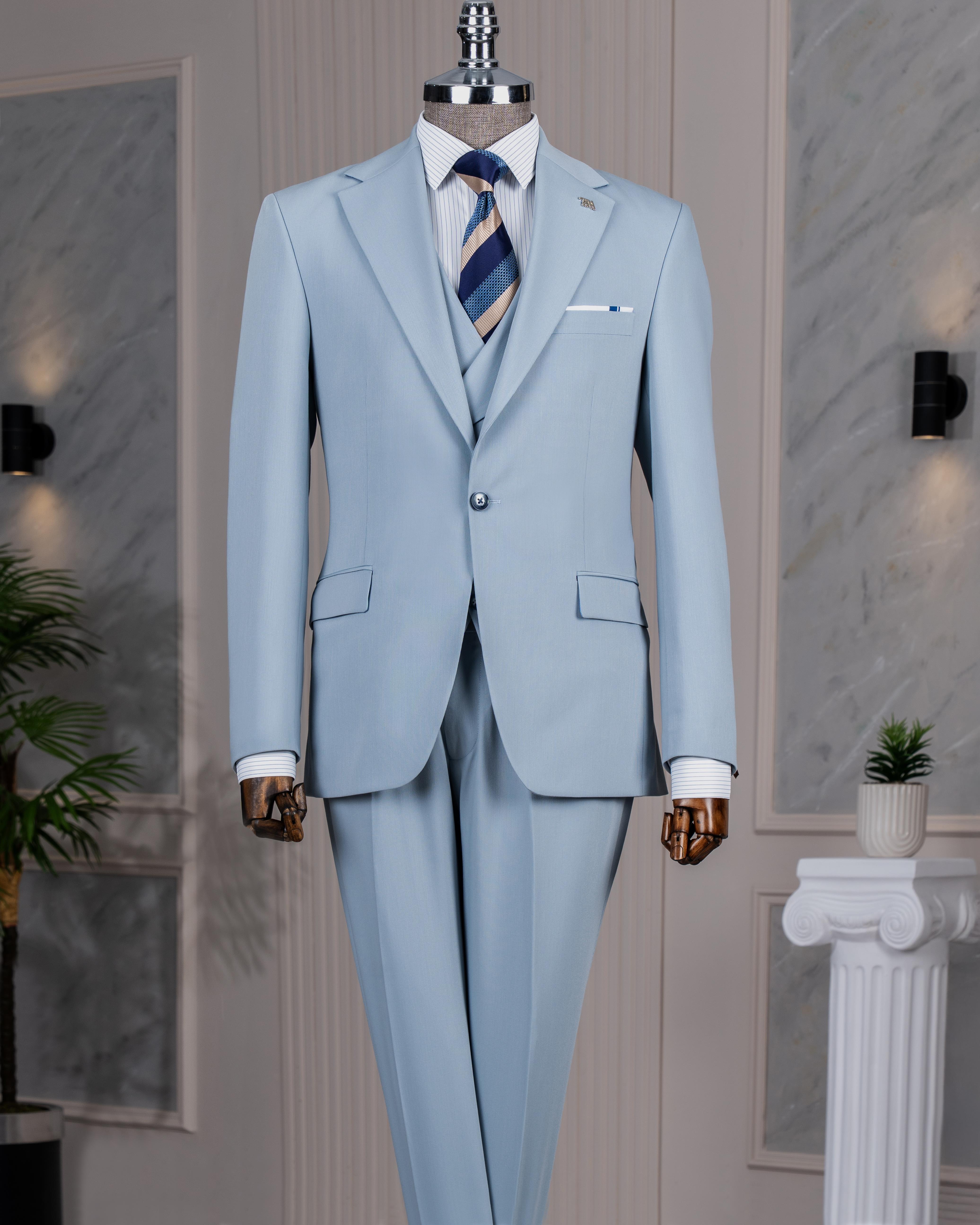 İtalyan stil slim fit ceket yelek pantolon takım elbise mavi T14185