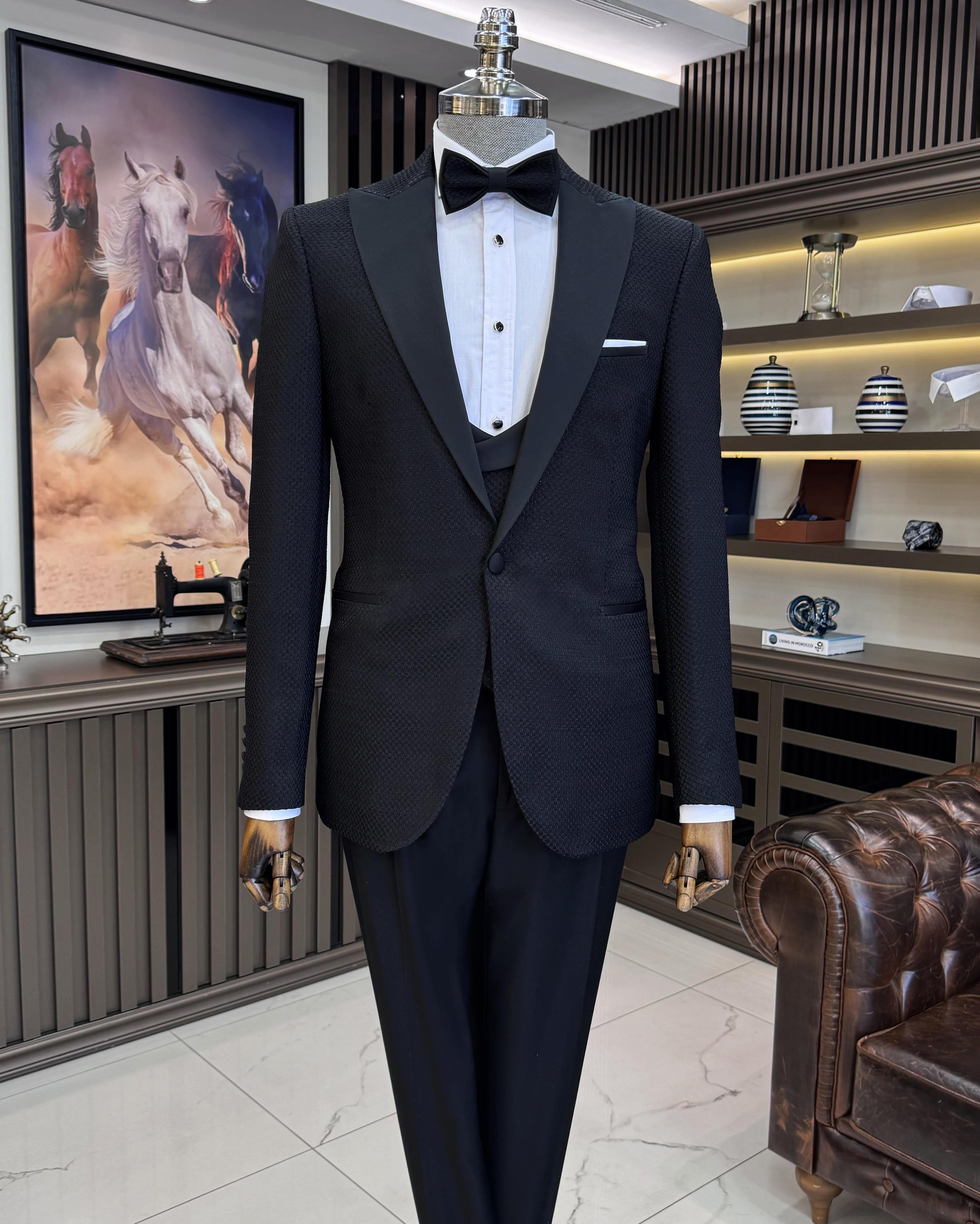 İtalyan stil slim fit ceket yelek pantolon damatlık set siyah T11635
