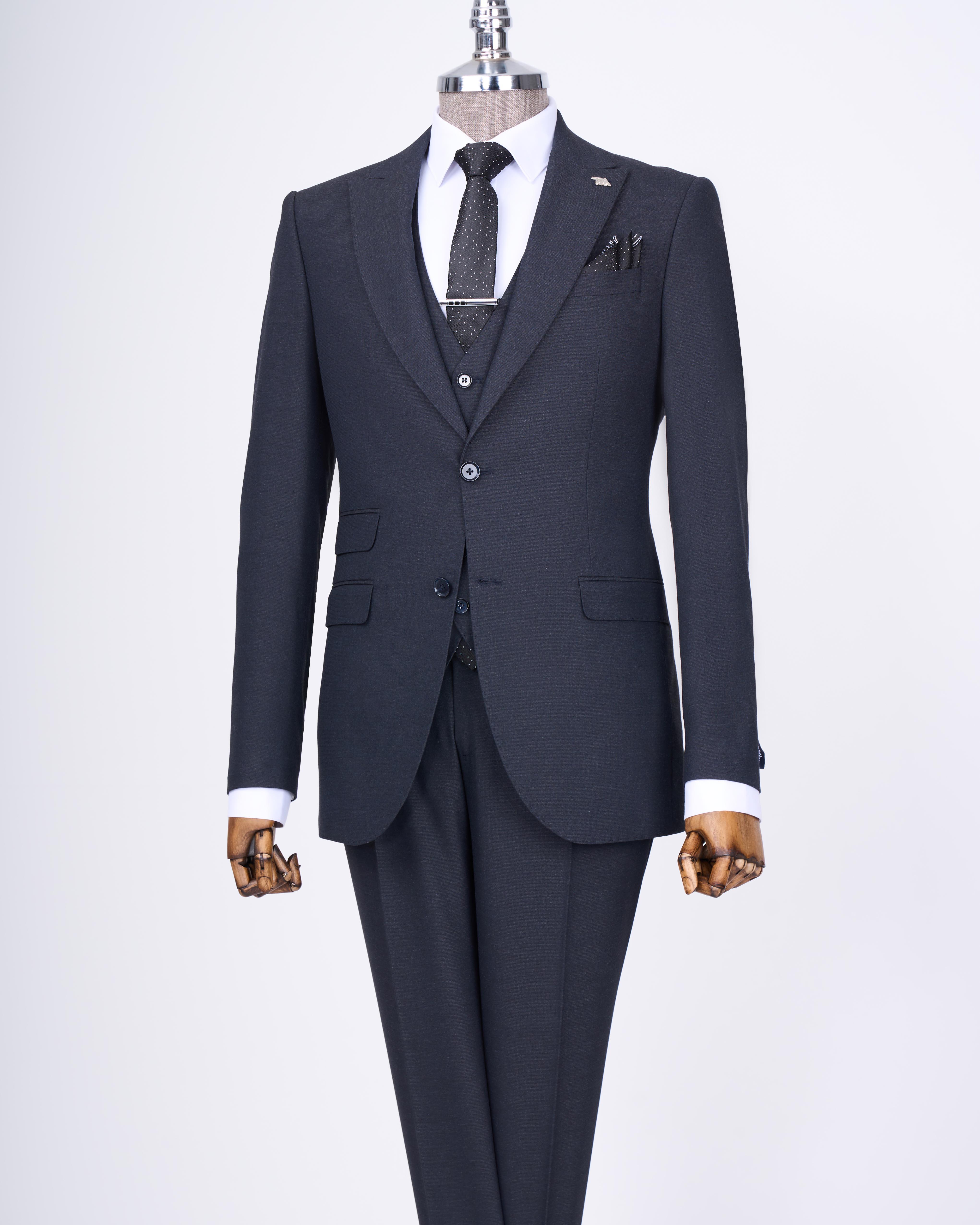 Italian style slim fit jacket vest pants suit navy blue T11394