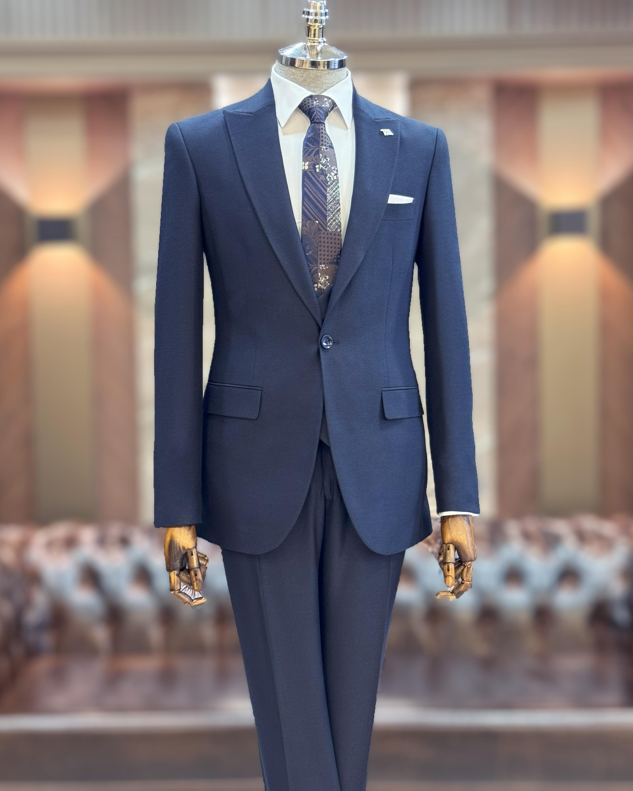 İtalyan stil slim fit ceket yelek pantolon takım elbise lacivert T10336