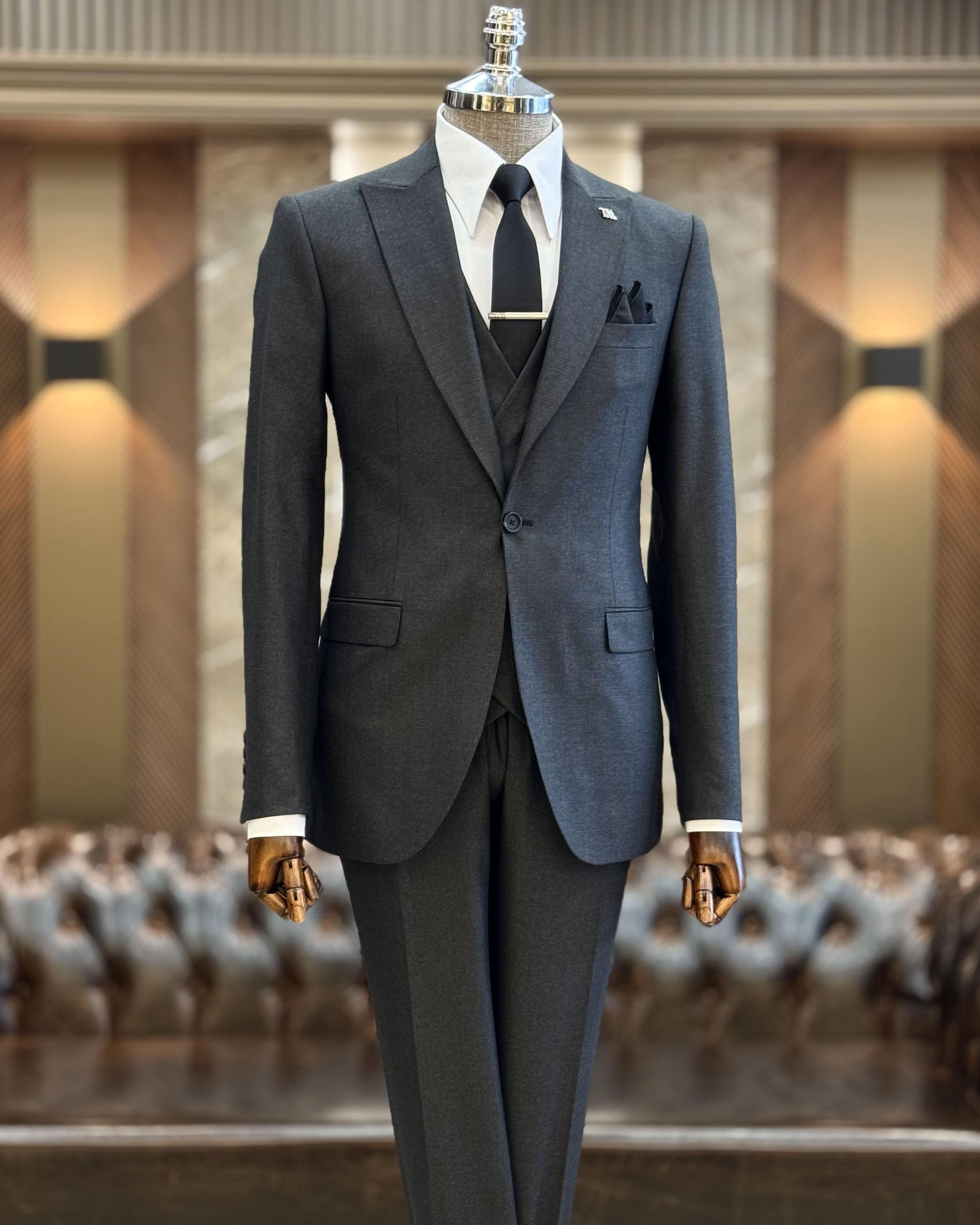 İtalyan stil slim fit ceket yelek pantolon takım elbise antrasit T9955
