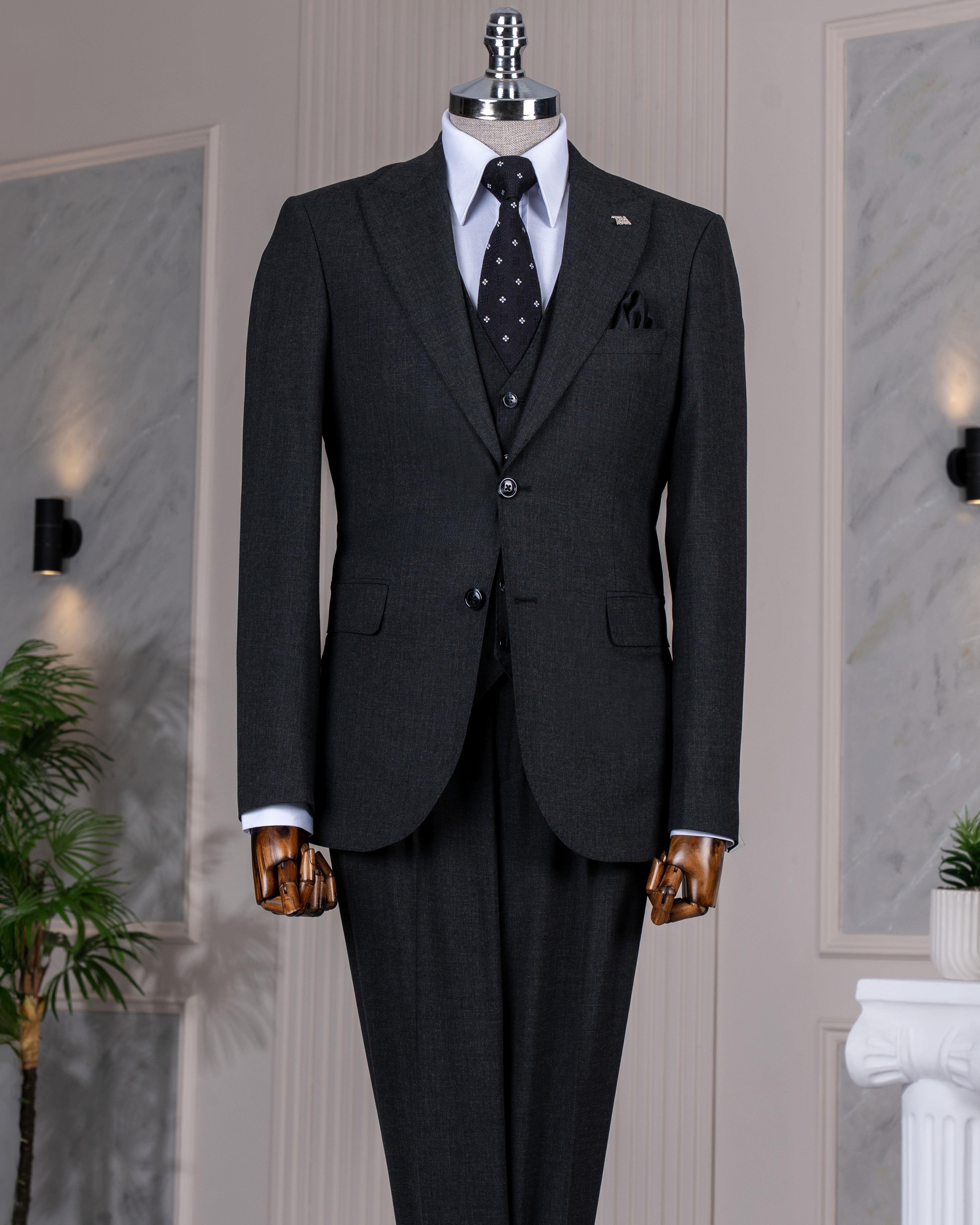 İtalyan stil slim fit ceket yelek pantolon takım elbise antrasit T14314