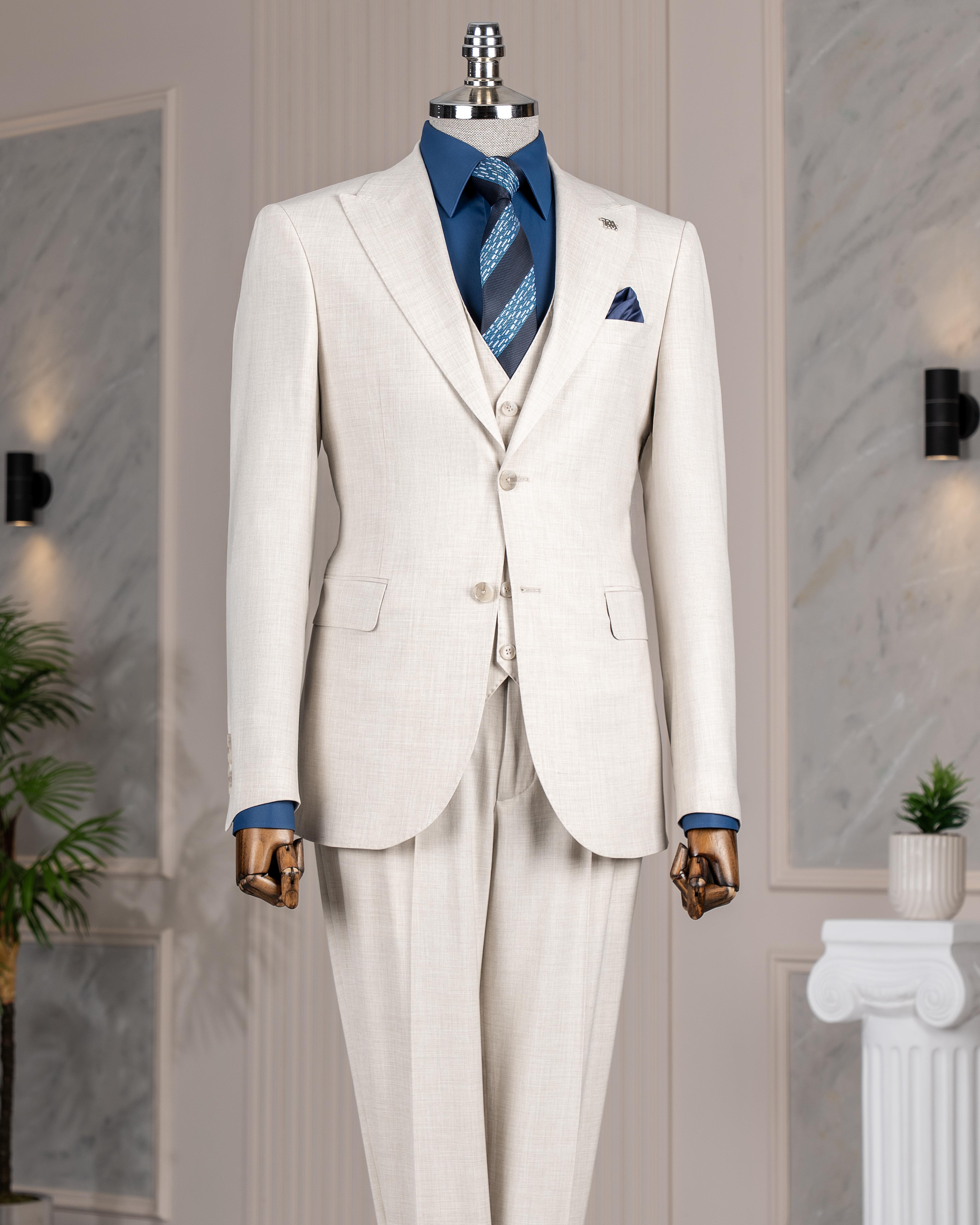 İtalyan stil slim fit ceket yelek pantolon takım elbise bej T14356