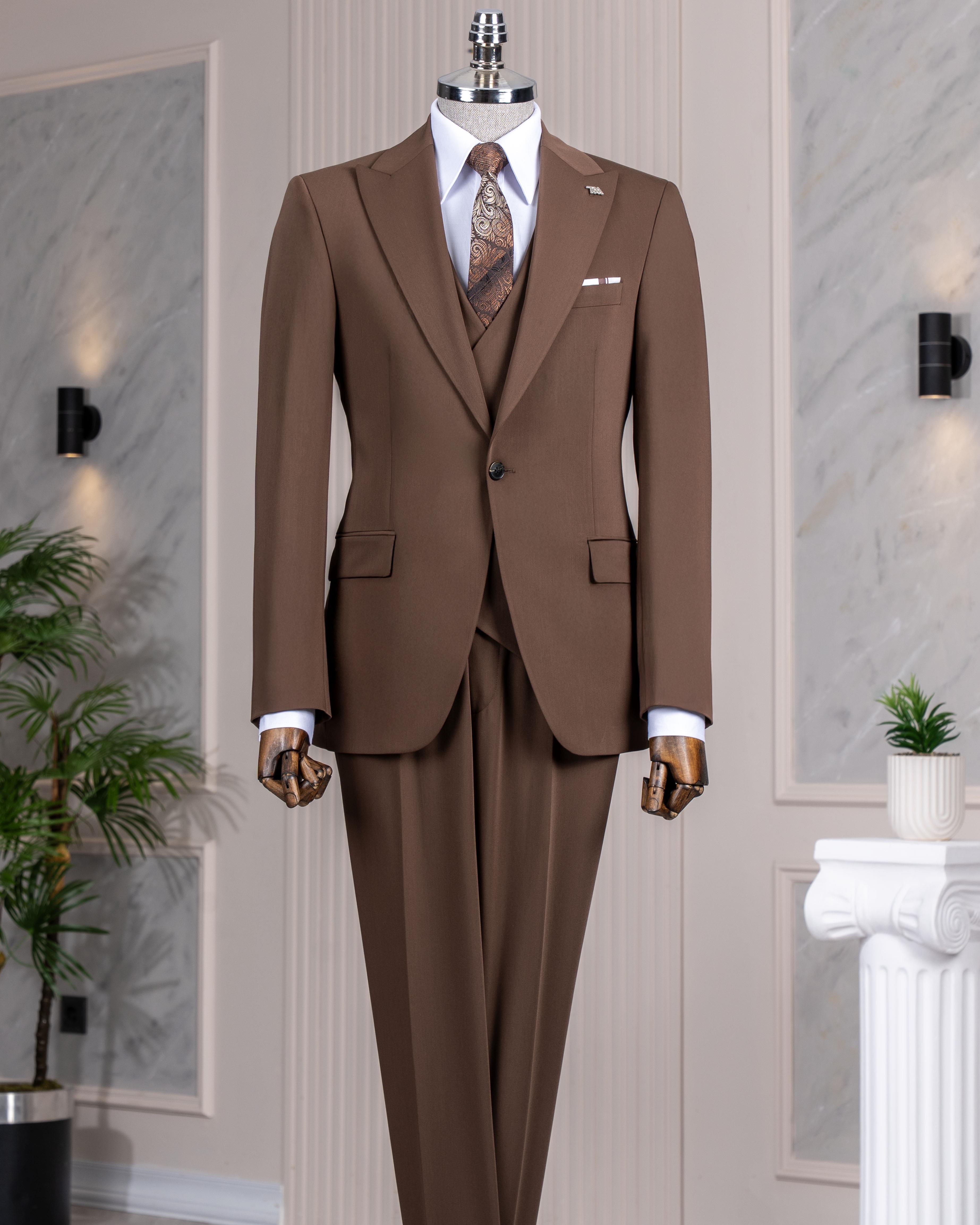 İtalyan stil slim fit ceket yelek pantalon takım elbise kahverengi  T13958