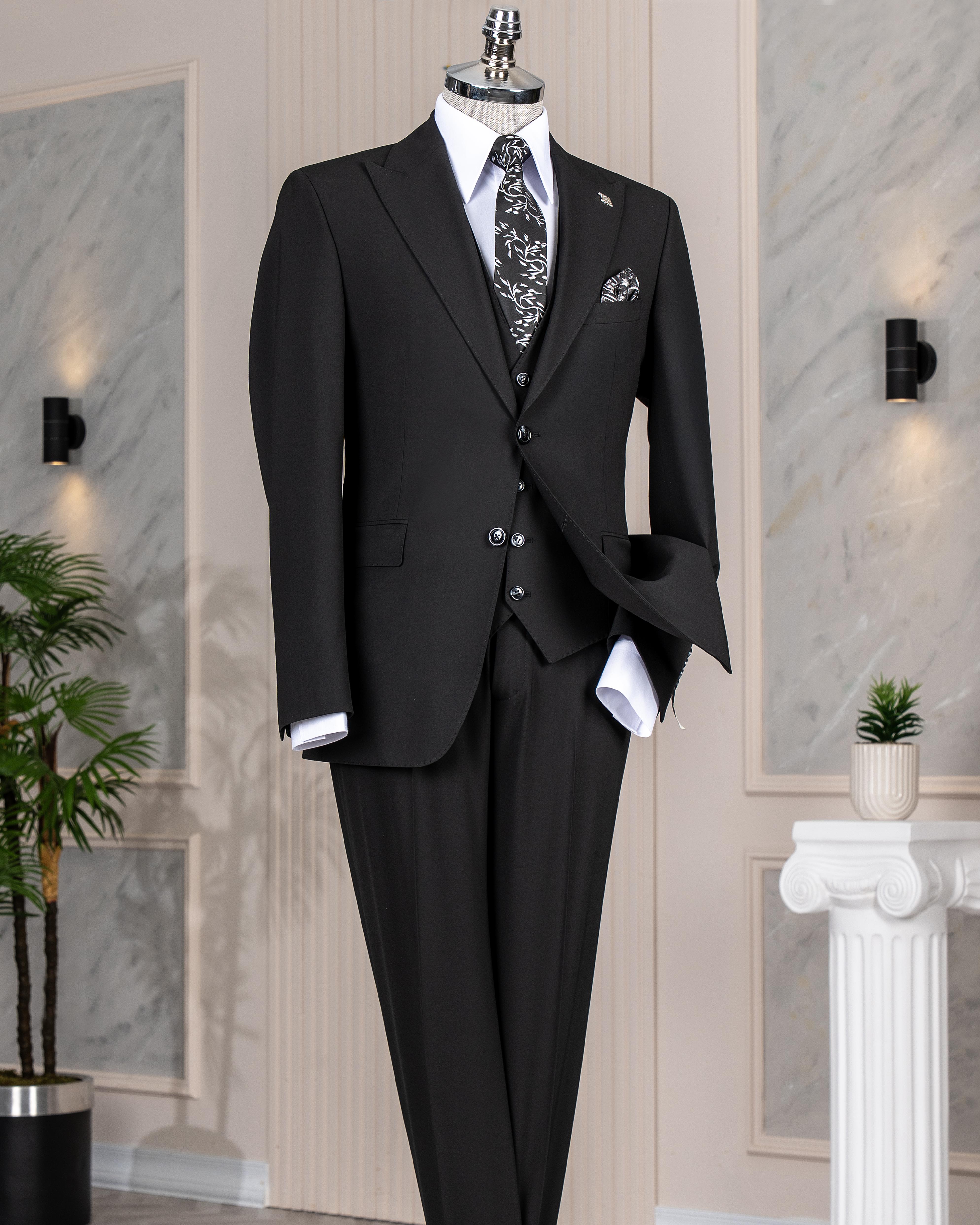 İtalyan stil slim fit ceket yelek pantolon takım elbise siyah T14311