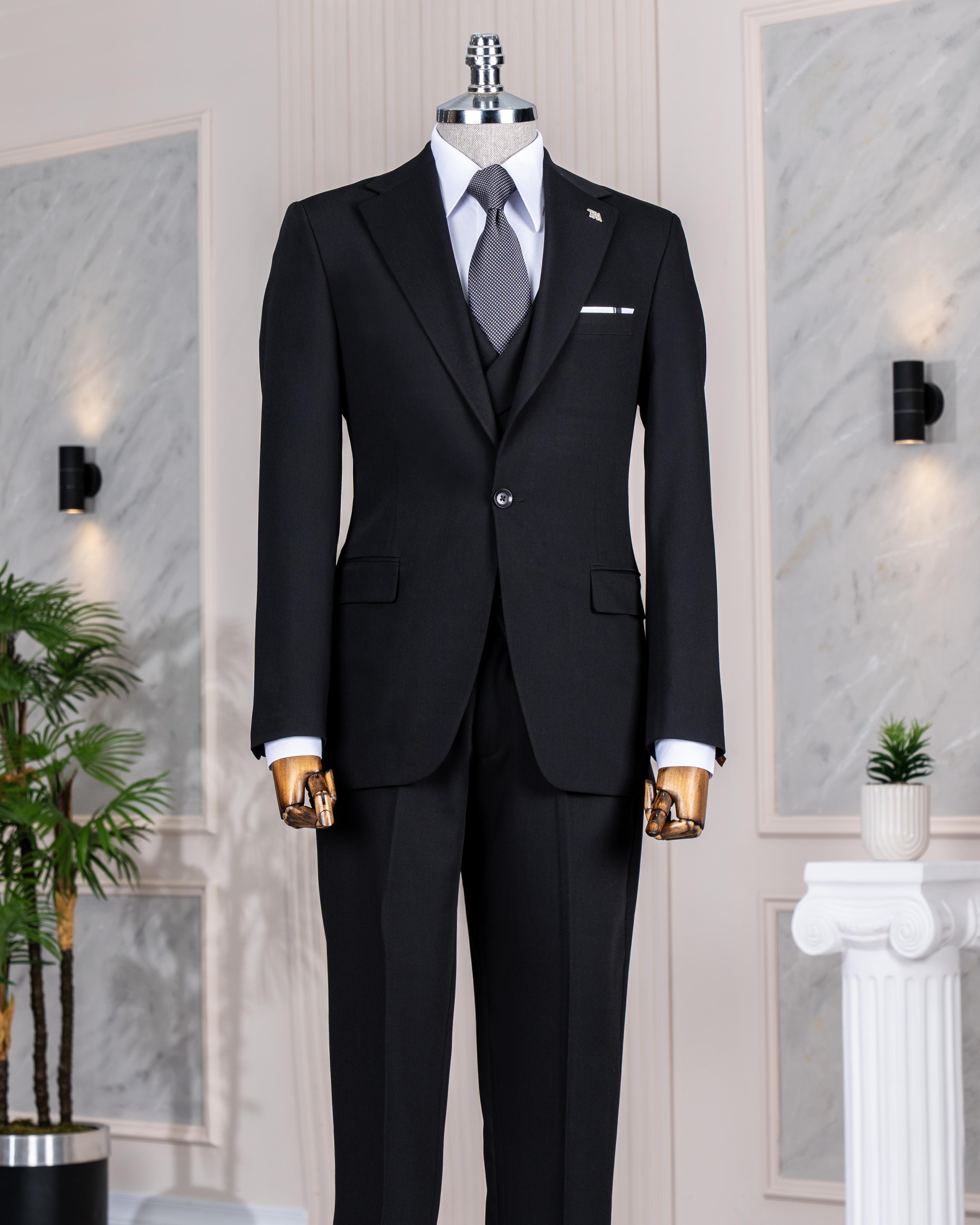 İtalyan stil slim fit ceket yelek pantolon takım elbise siyah T14187