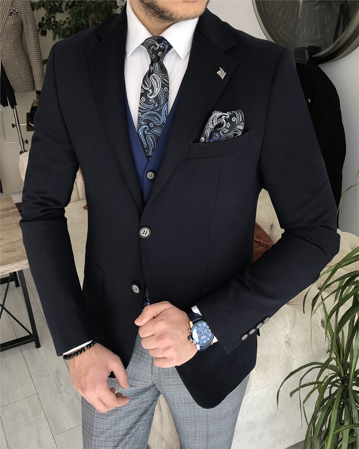 İtalyan stil slim fit ceket yelek pantolon kombin takım elbise Lacivert  T8363