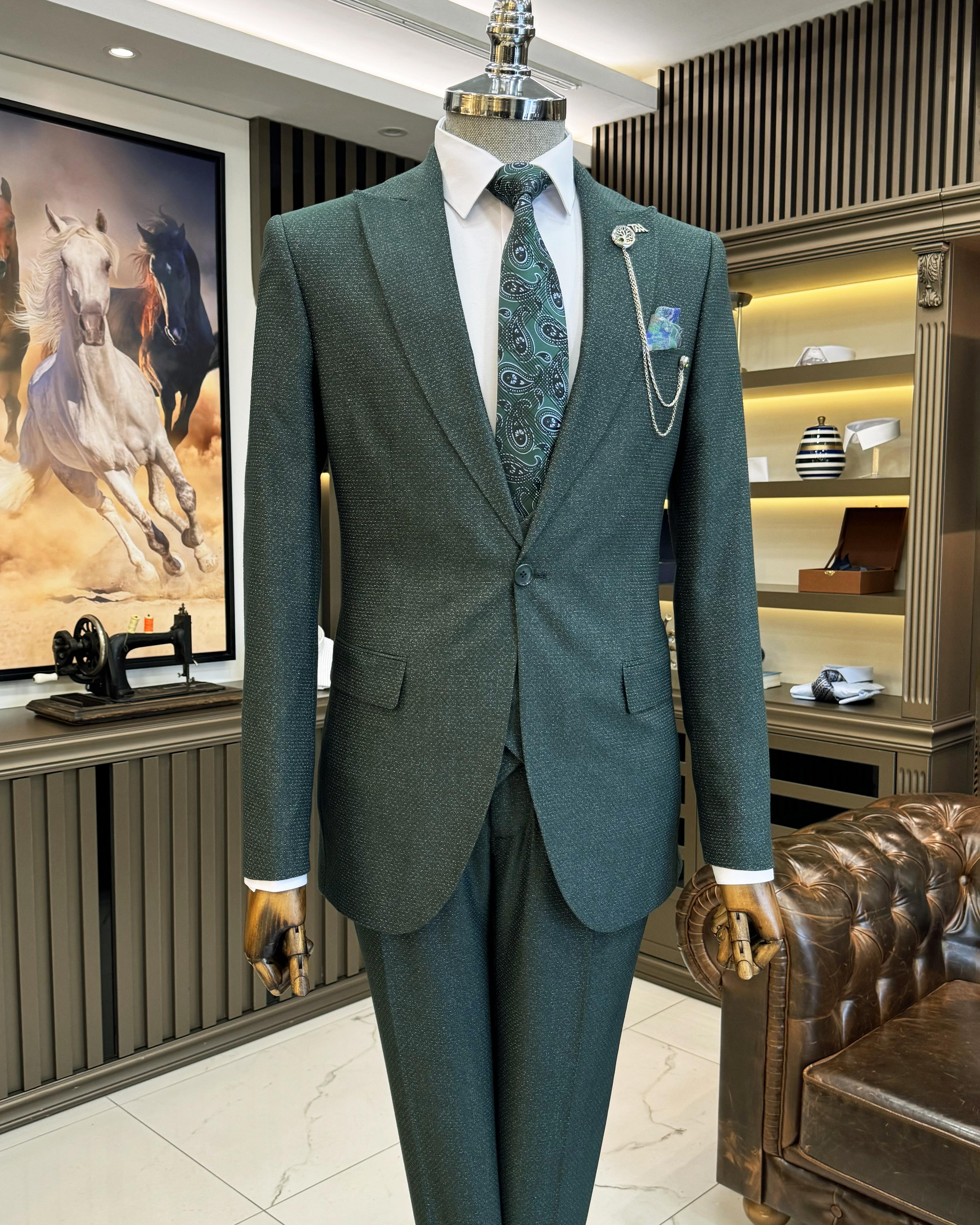 İtalyan stil slim fit ceket yelek pantolon takım elbise yeşil T10866
