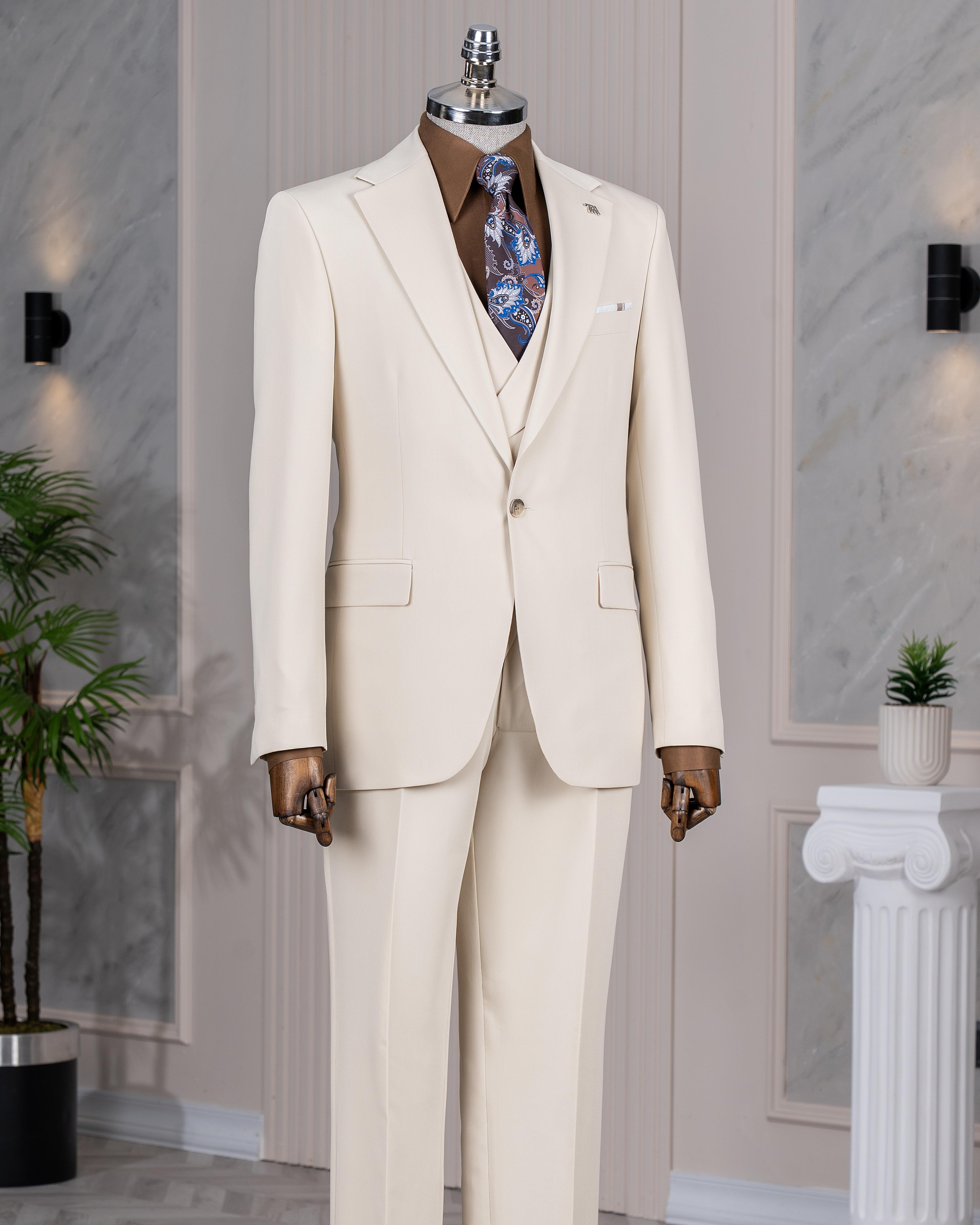 İtalyan stil slim fit ceket yelek pantolon takım elbise bej T14385