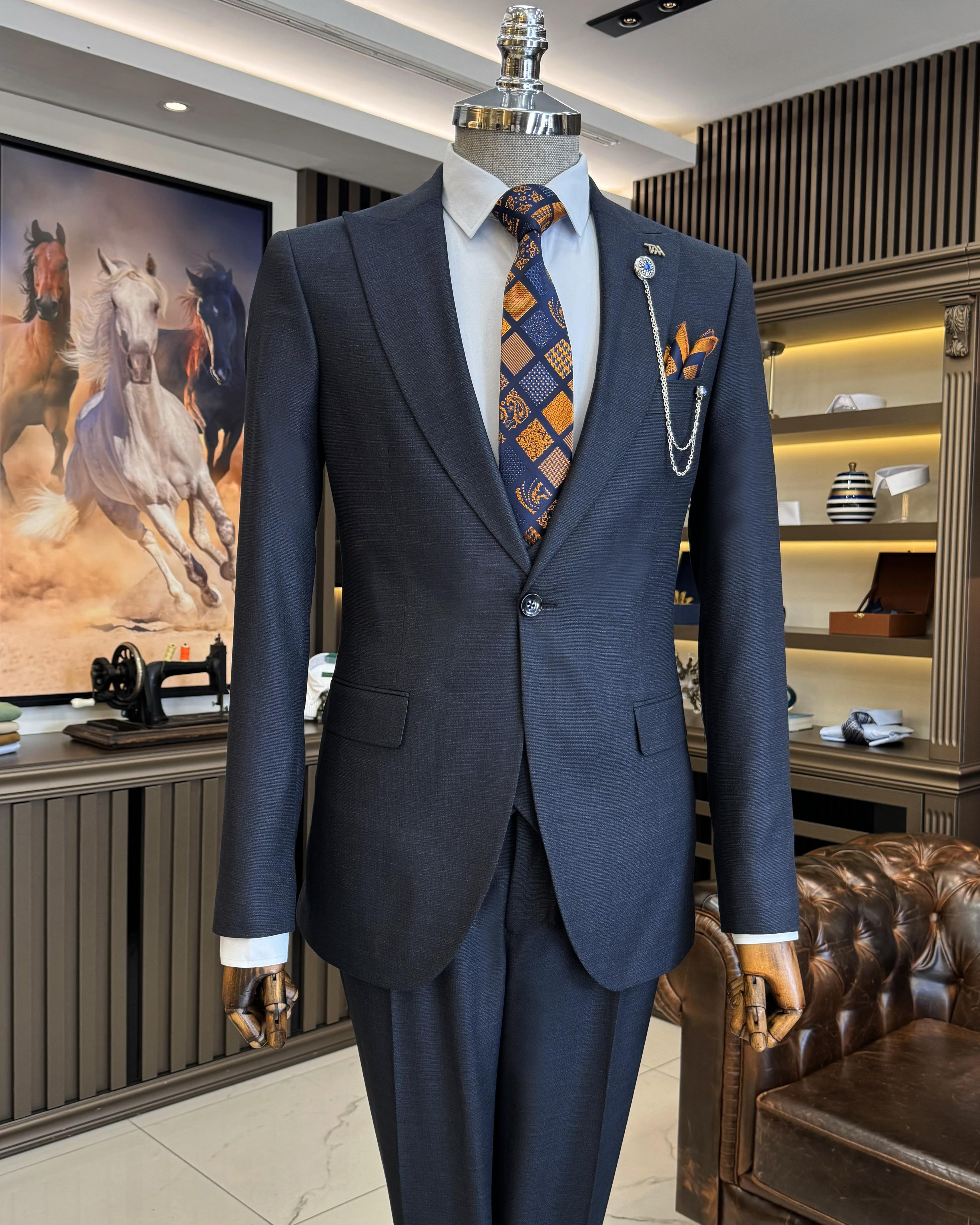İtalyan stil slim fit ceket yelek pantolon takım elbise lacivert T10335