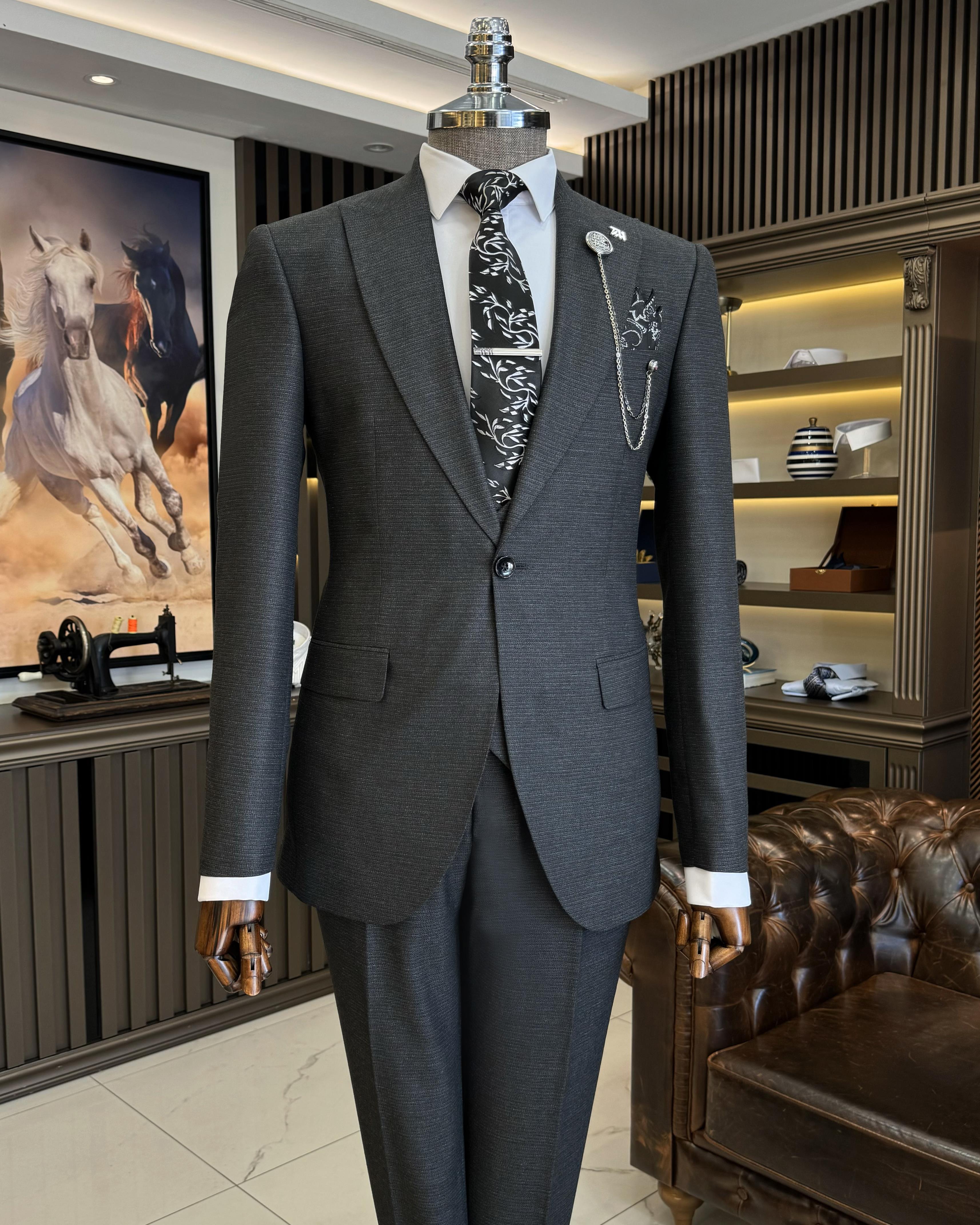 İtalyan stil slim fit ceket yelek pantolon takım elbise antrasit T10338