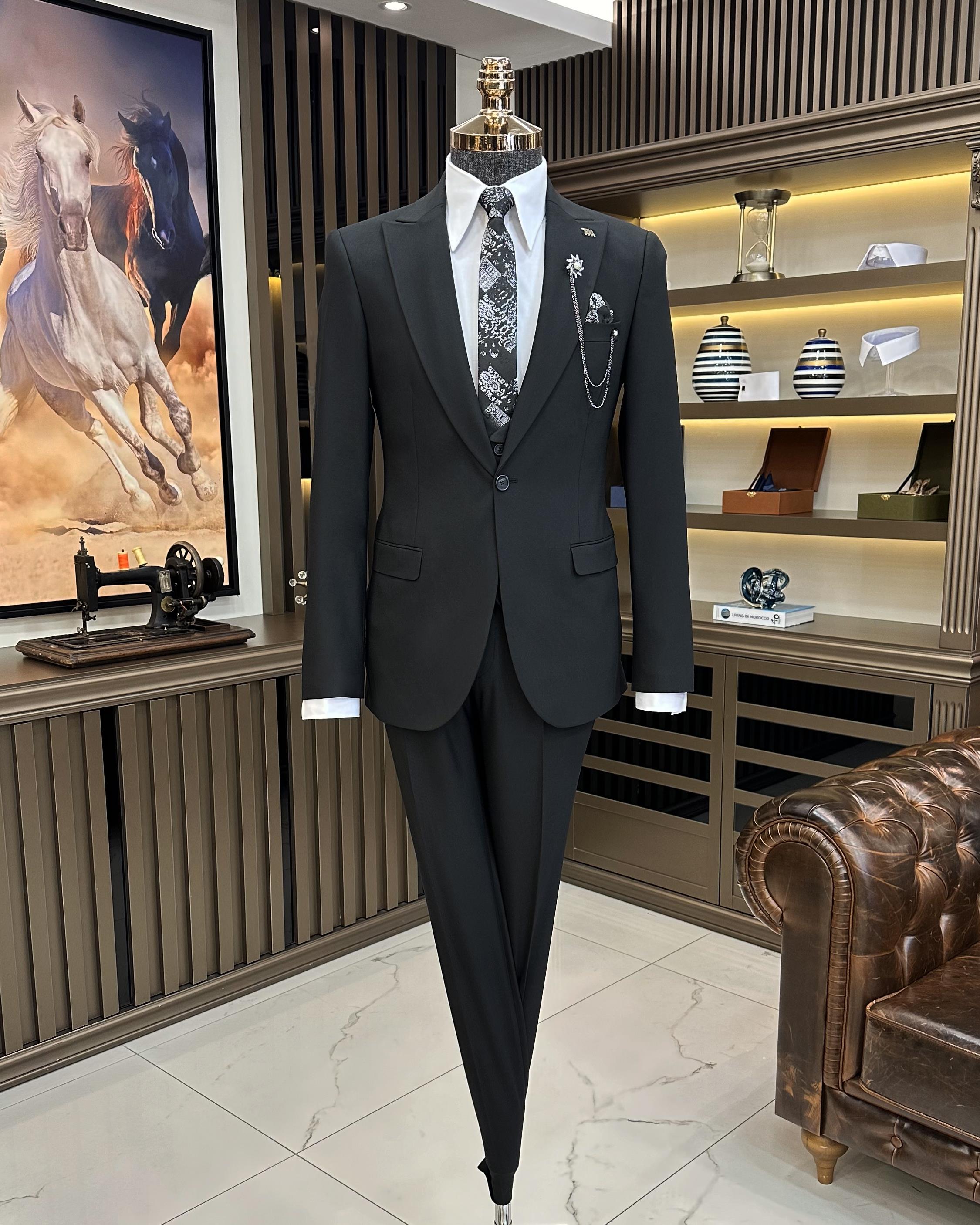 Italian style slim fit jacket vest trouser suit black T9971