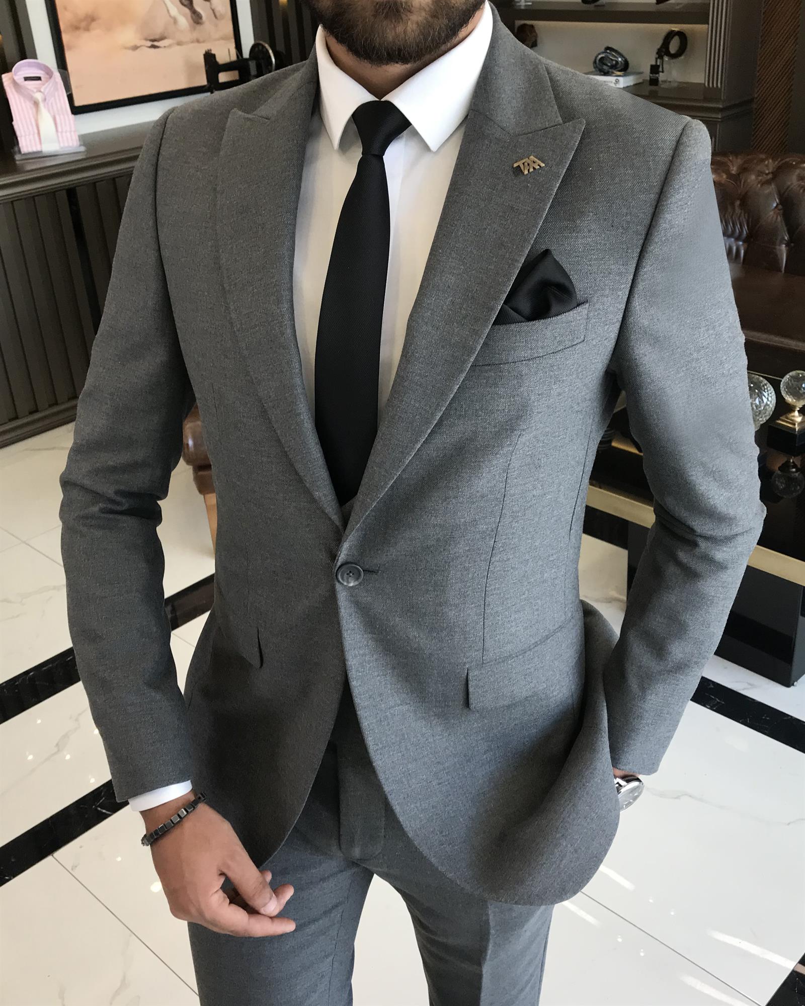 Italian style slim fit jacket vest pant suit anthracite T9685