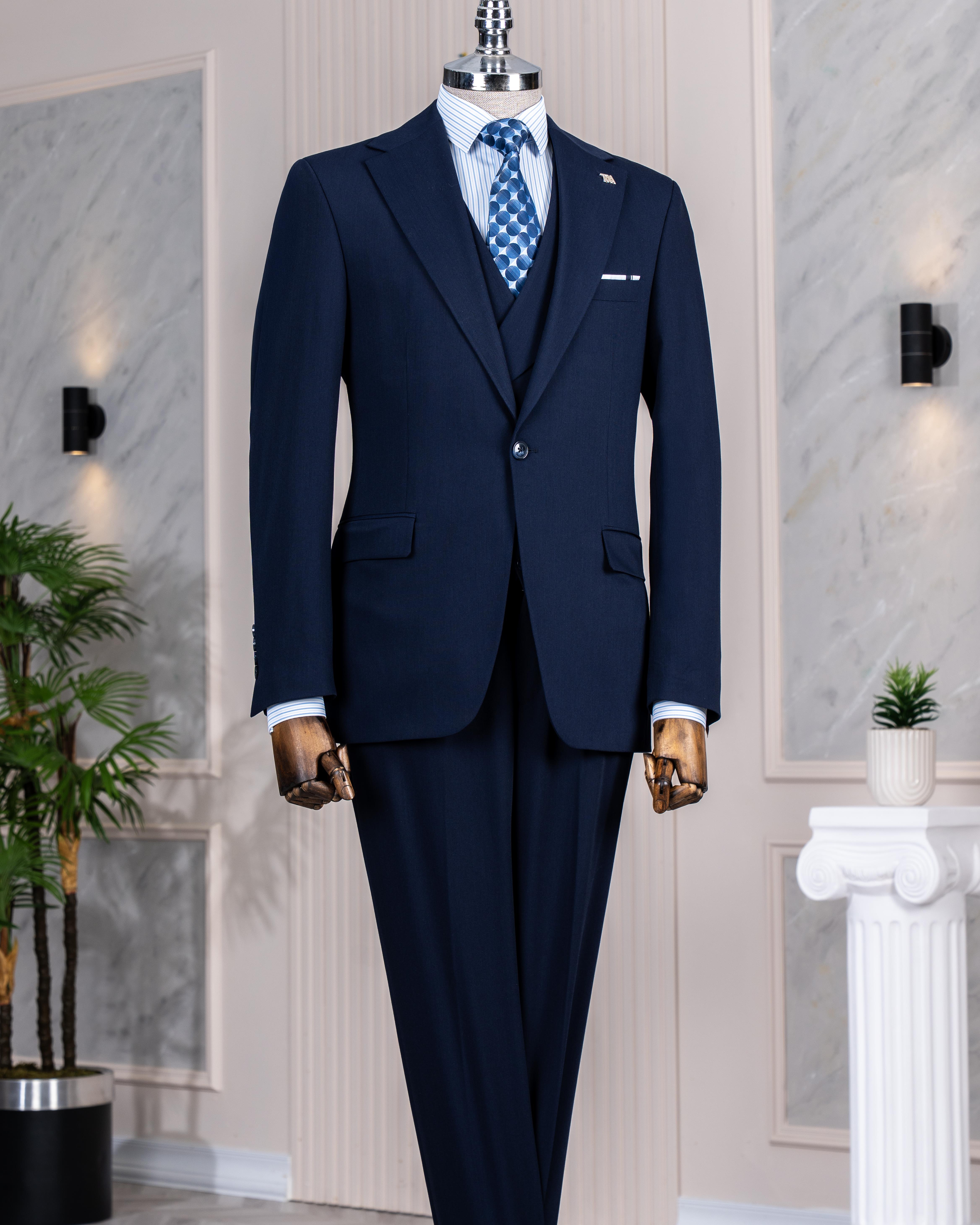İtalyan stil slim fit ceket yelek pantolon takım elbise lacivert T14384