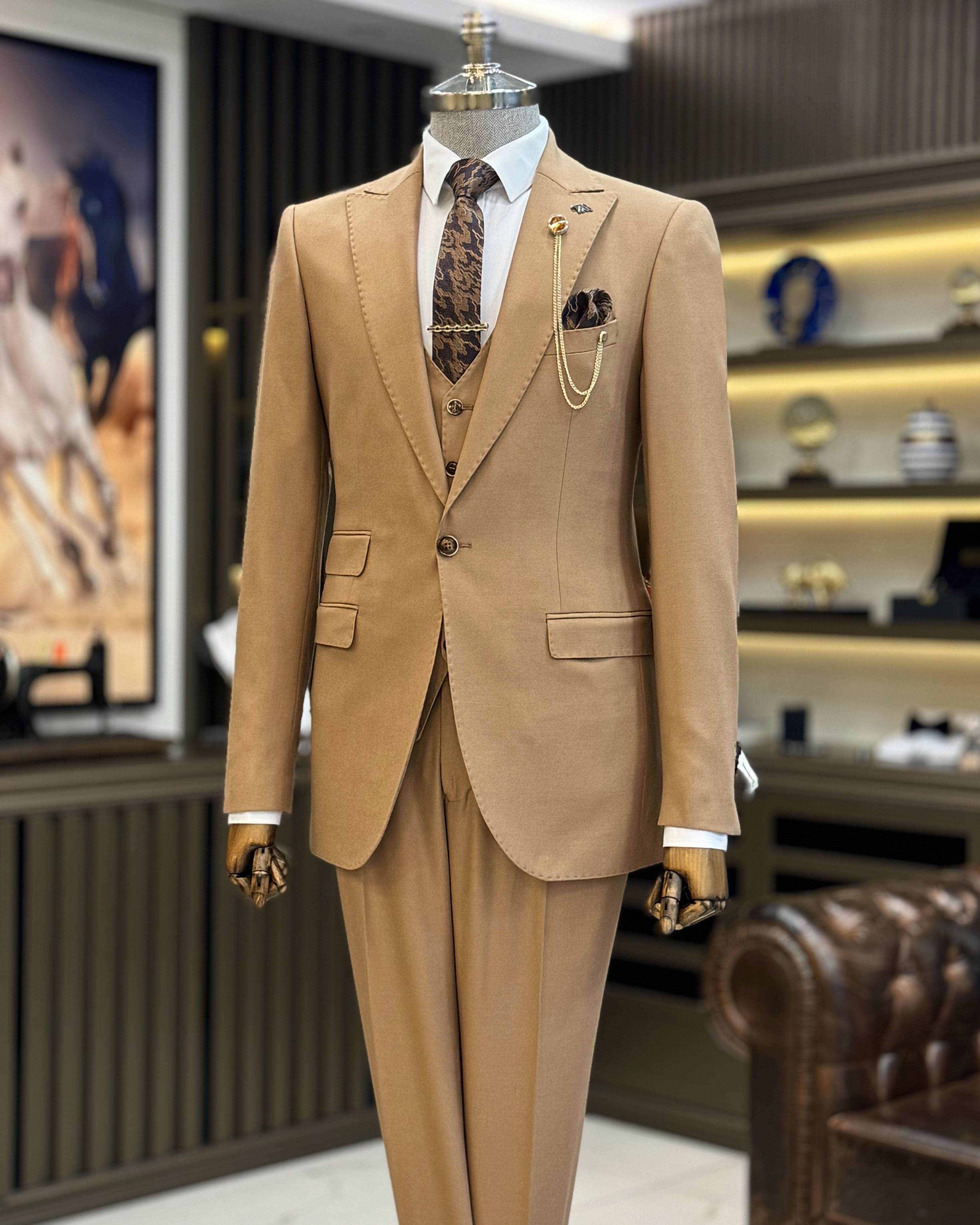İtalyan stil slim fit ceket yelek pantolon takım elbise camel T11485