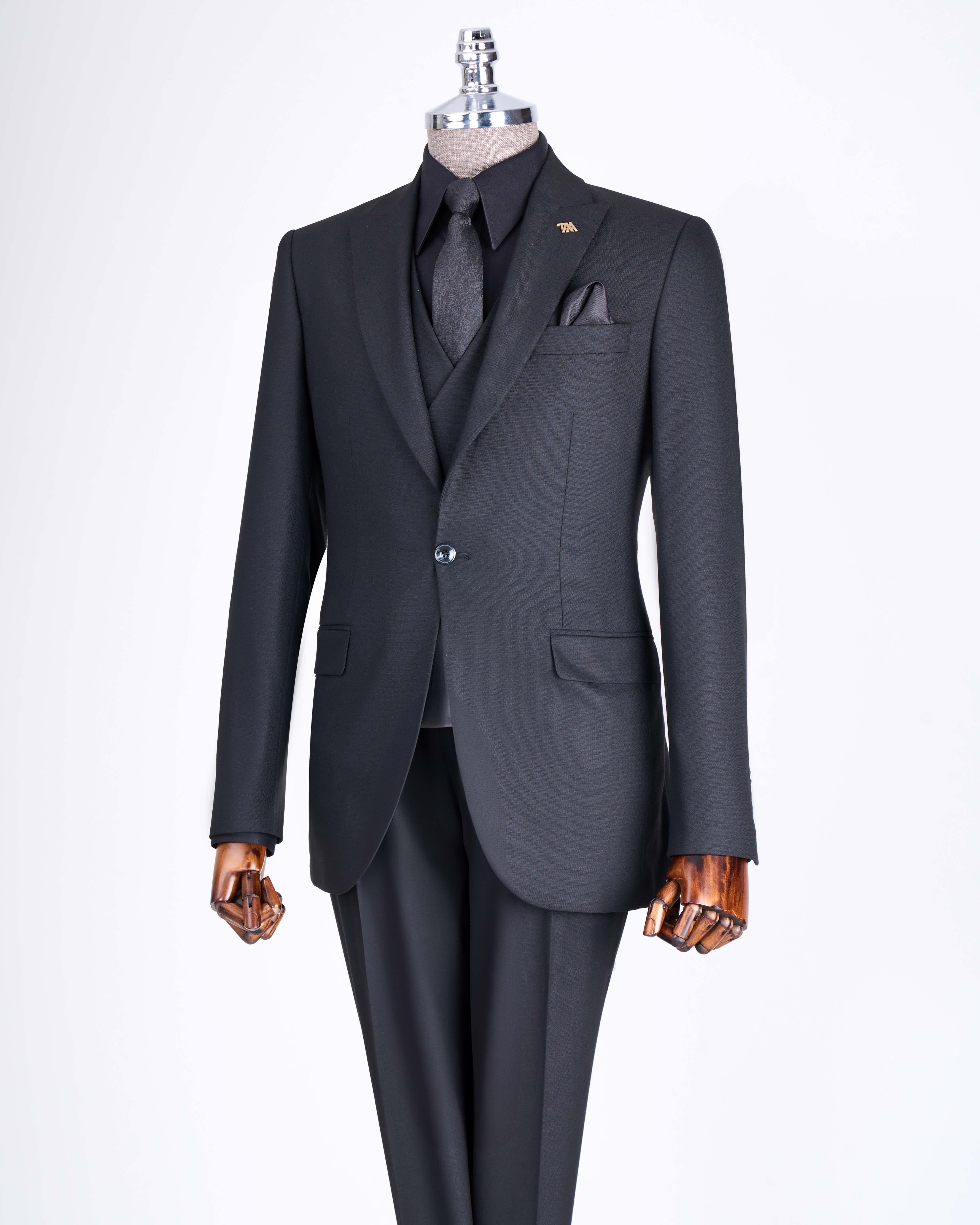 İtalyan stil slim fit ceket yelek pantolon takım elbise siyah  T13056