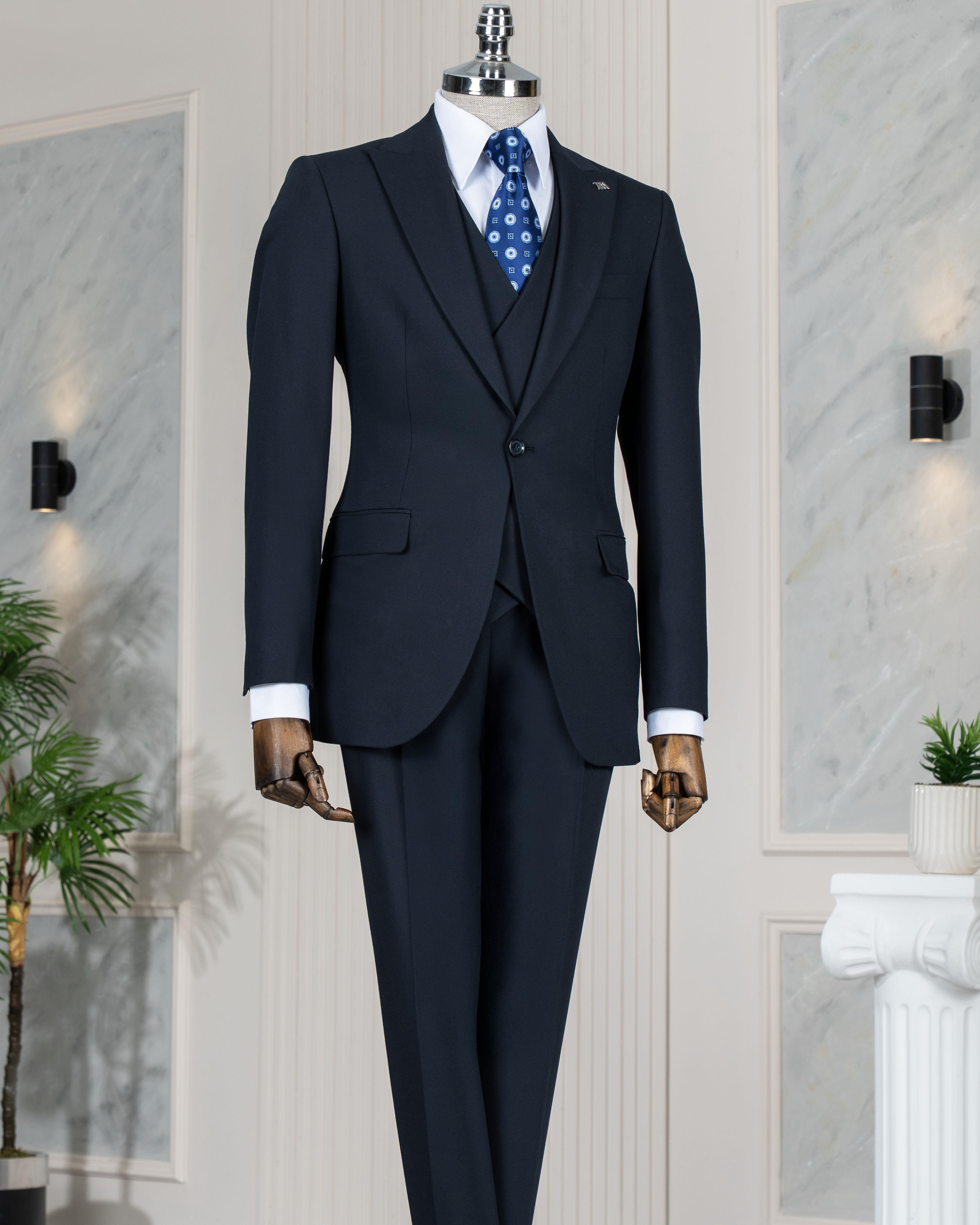 İtalyan stil slim fit ceket yelek pantolon takım elbise lacivert T13504