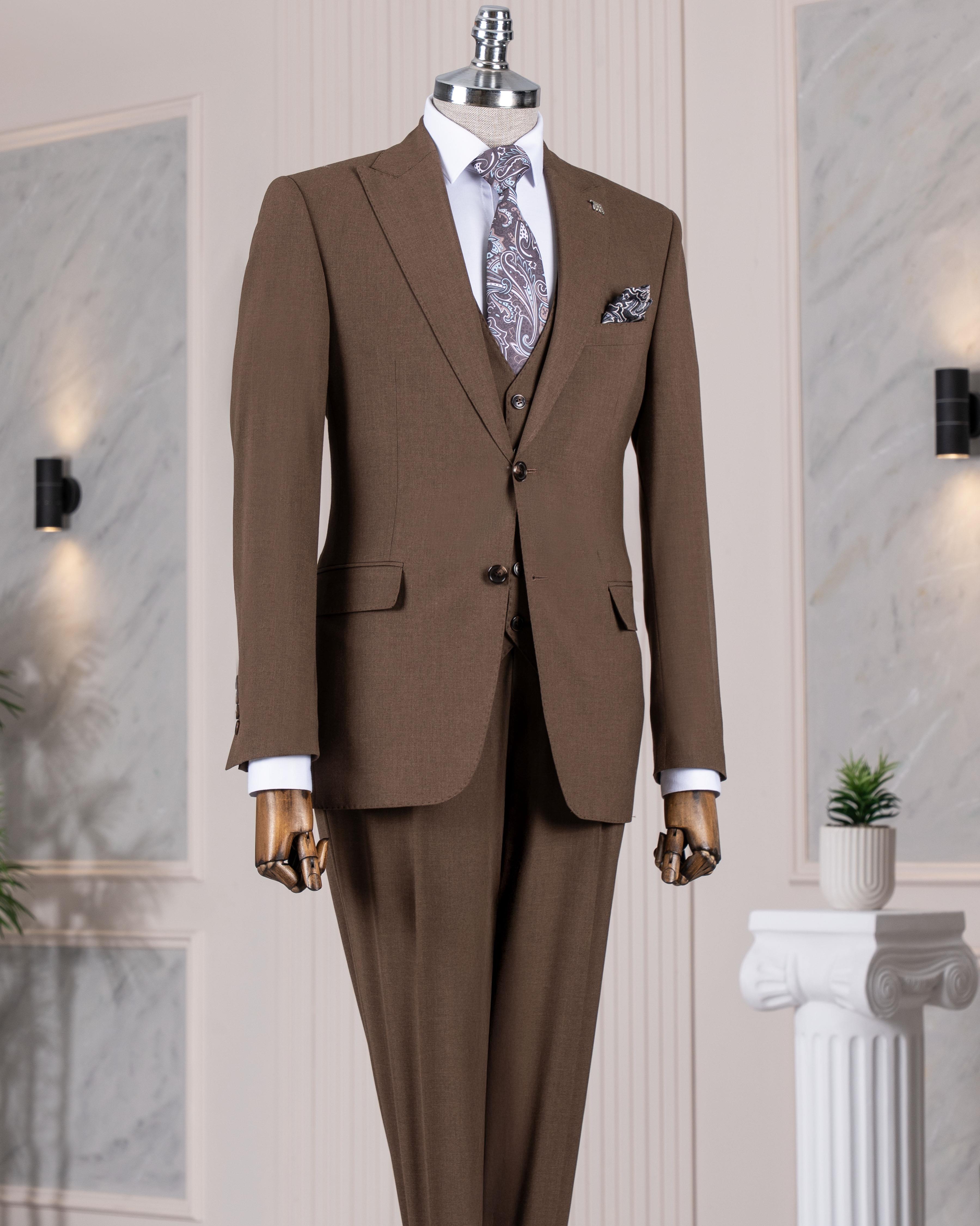 İtalyan stil slim fit ceket yelek pantolon takım elbise kahverengi T14581