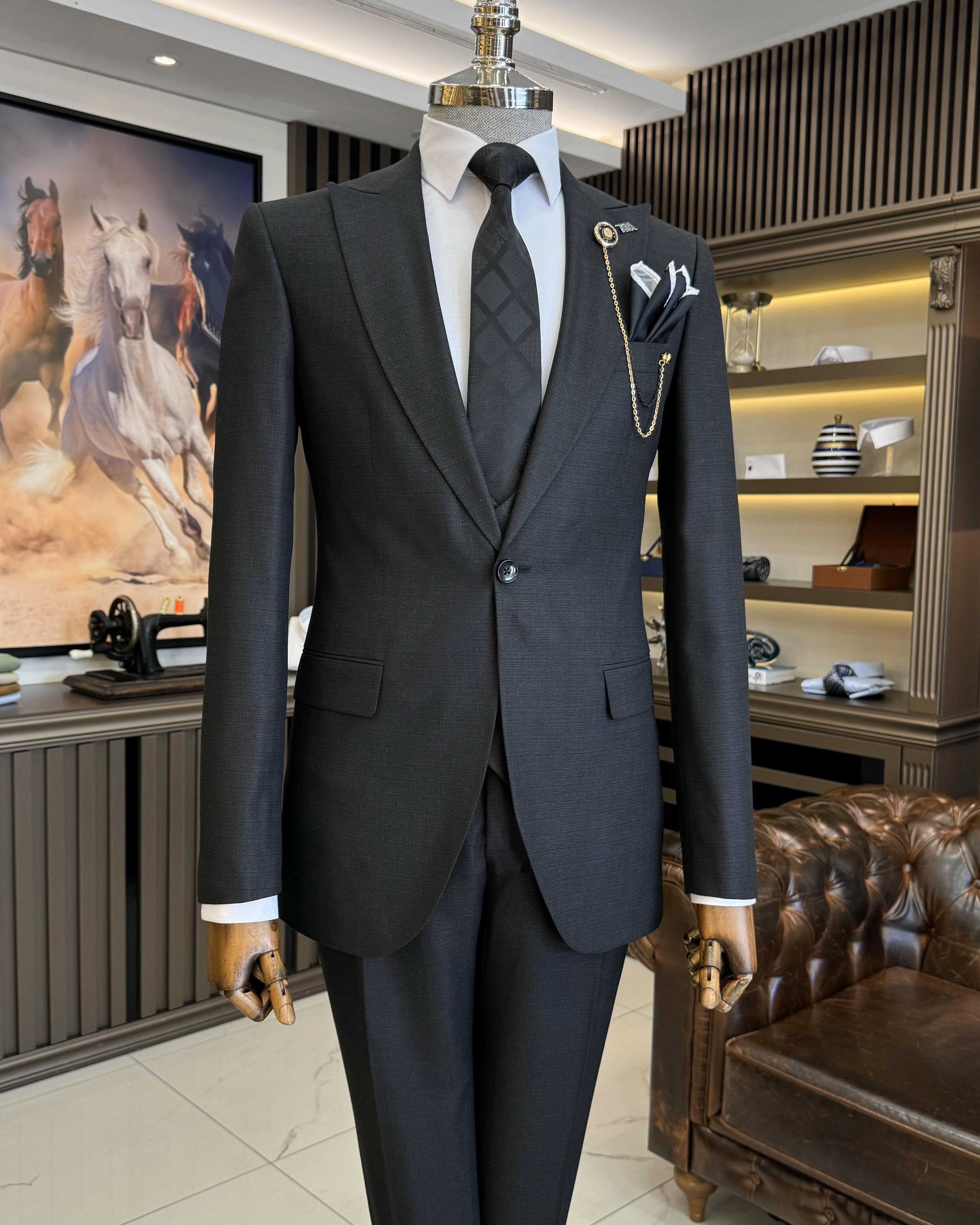 İtalyan stil slim fit ceket yelek pantolon takım elbise siyah T10340