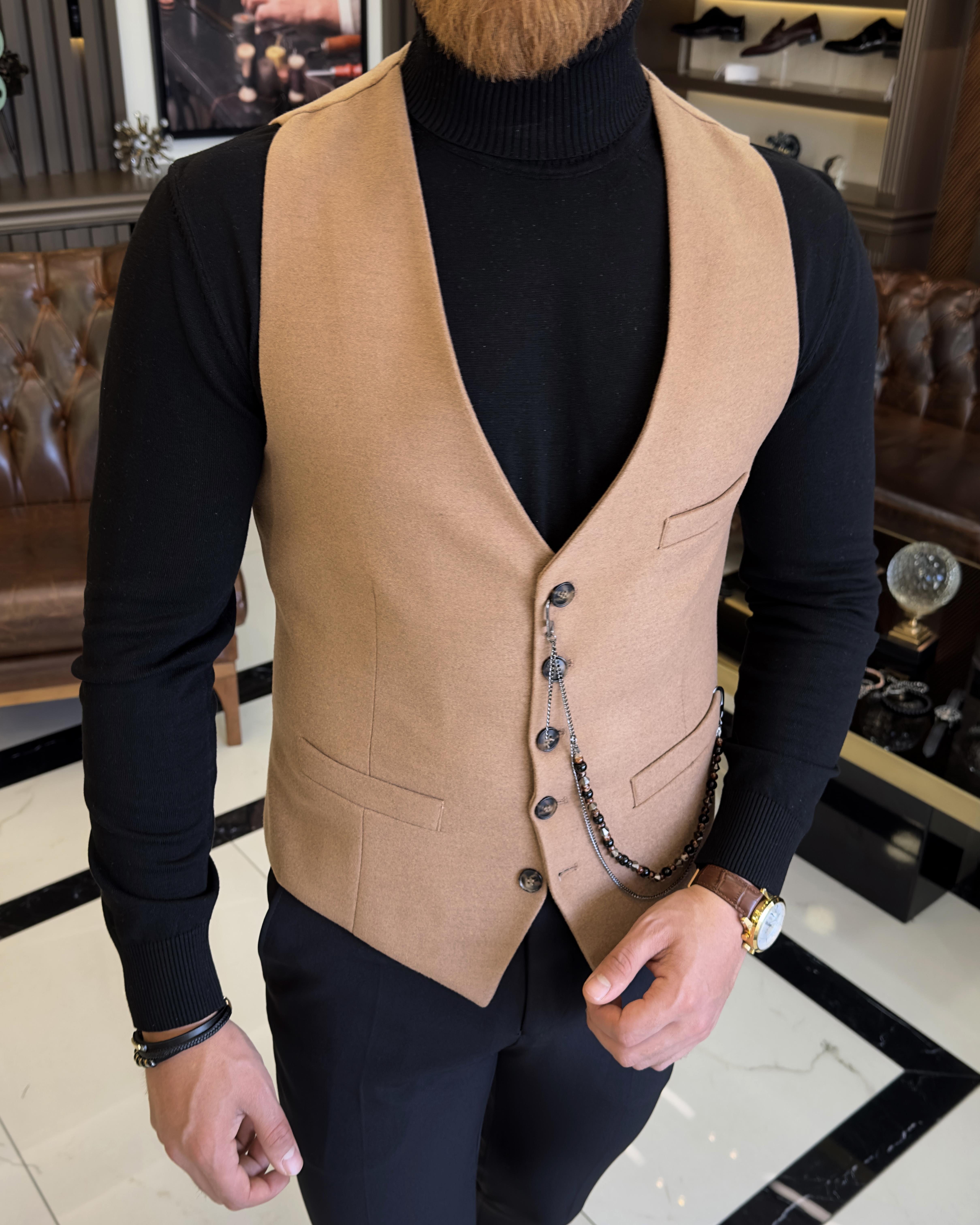 İtalyan stil slim fit cepken yelek camel T10258