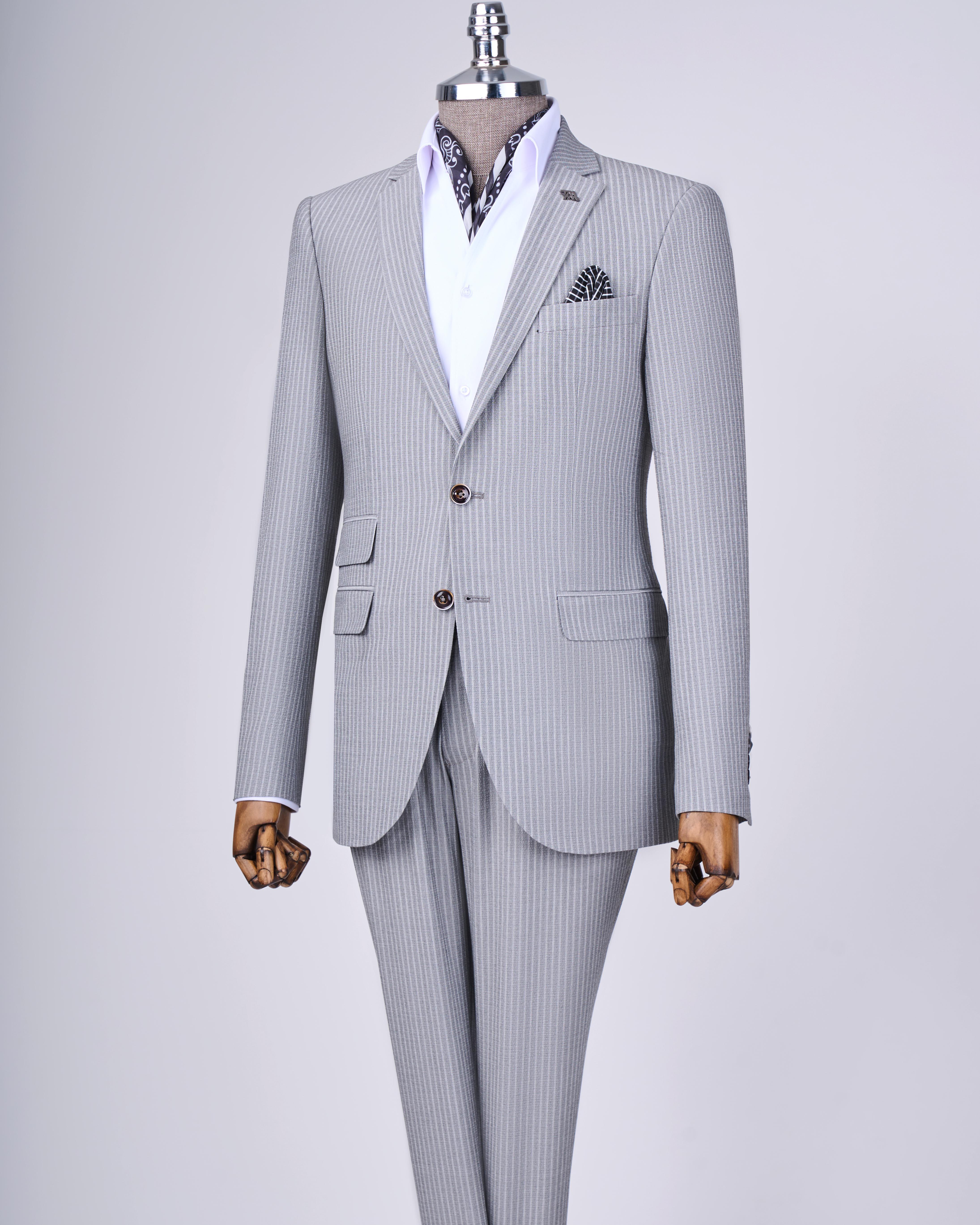 İtalyan stil slim fit çizgili ceket beli bağlamalı pantolon takım elbise gri T11793