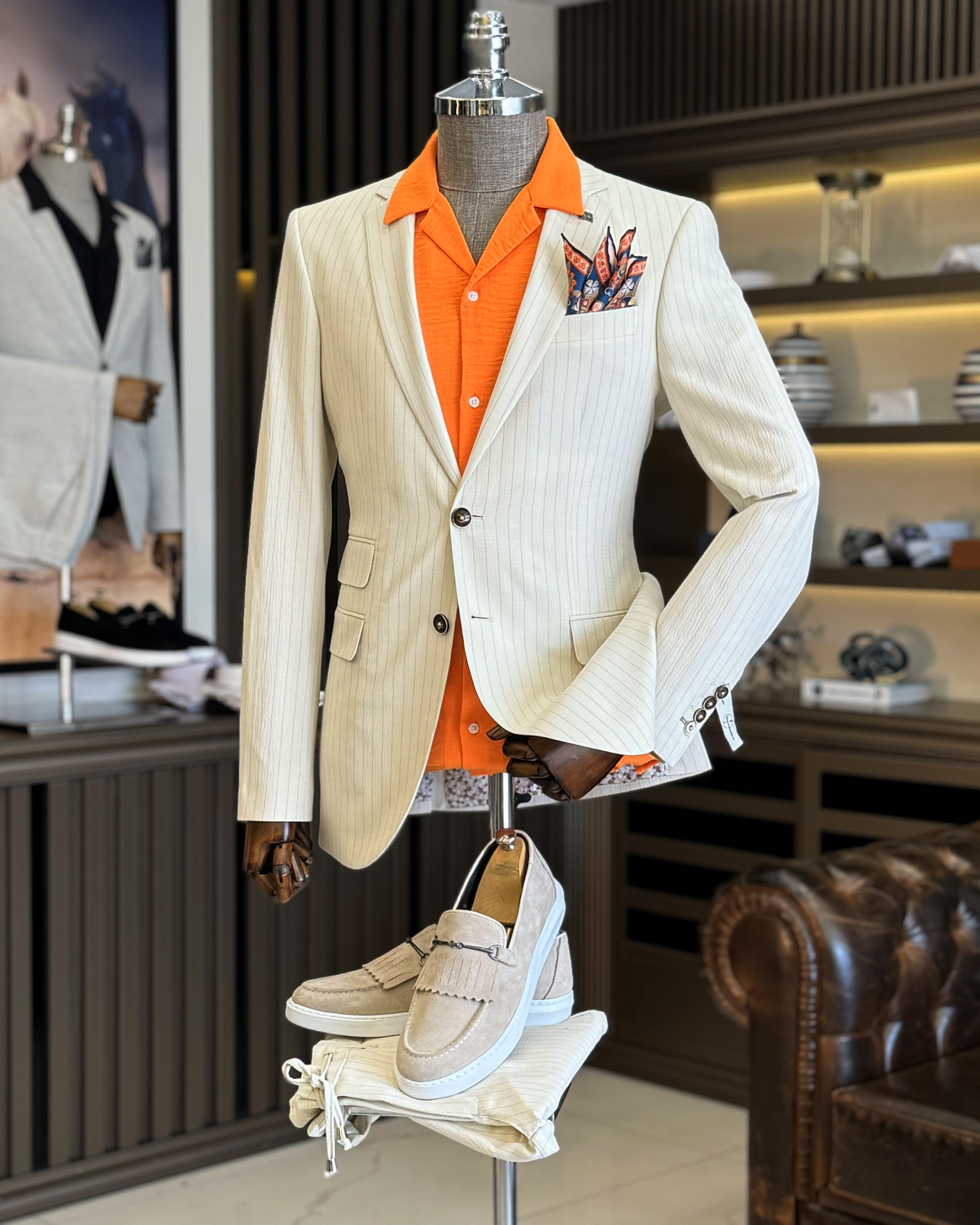 İtalyan stil slim fit çizgili ceket beli bağlamalı pantolon takım elbise krem T11810