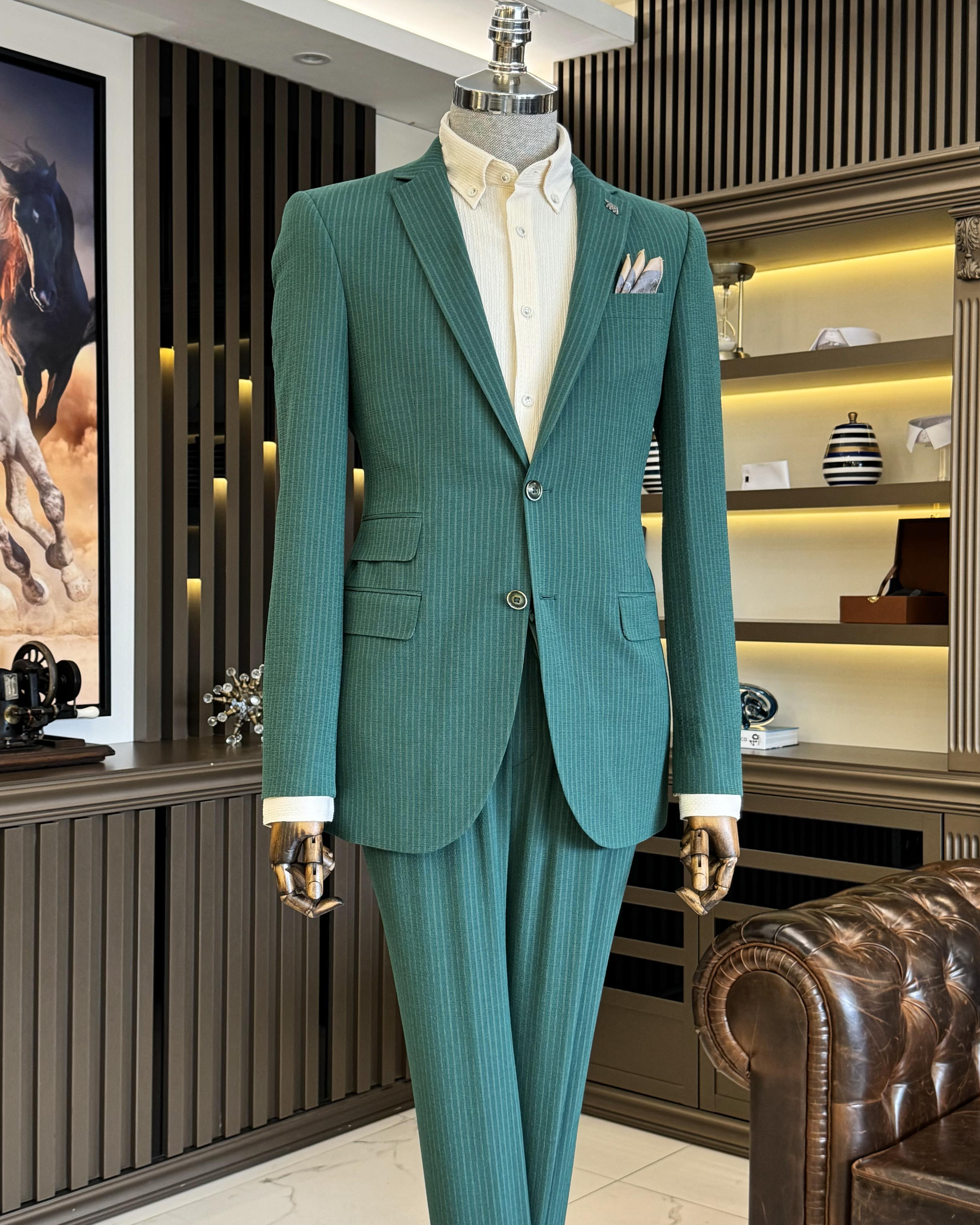 İtalyan stil slim fit çizgili ceket beli bağlamalı pantolon takım elbise yeşil T11792