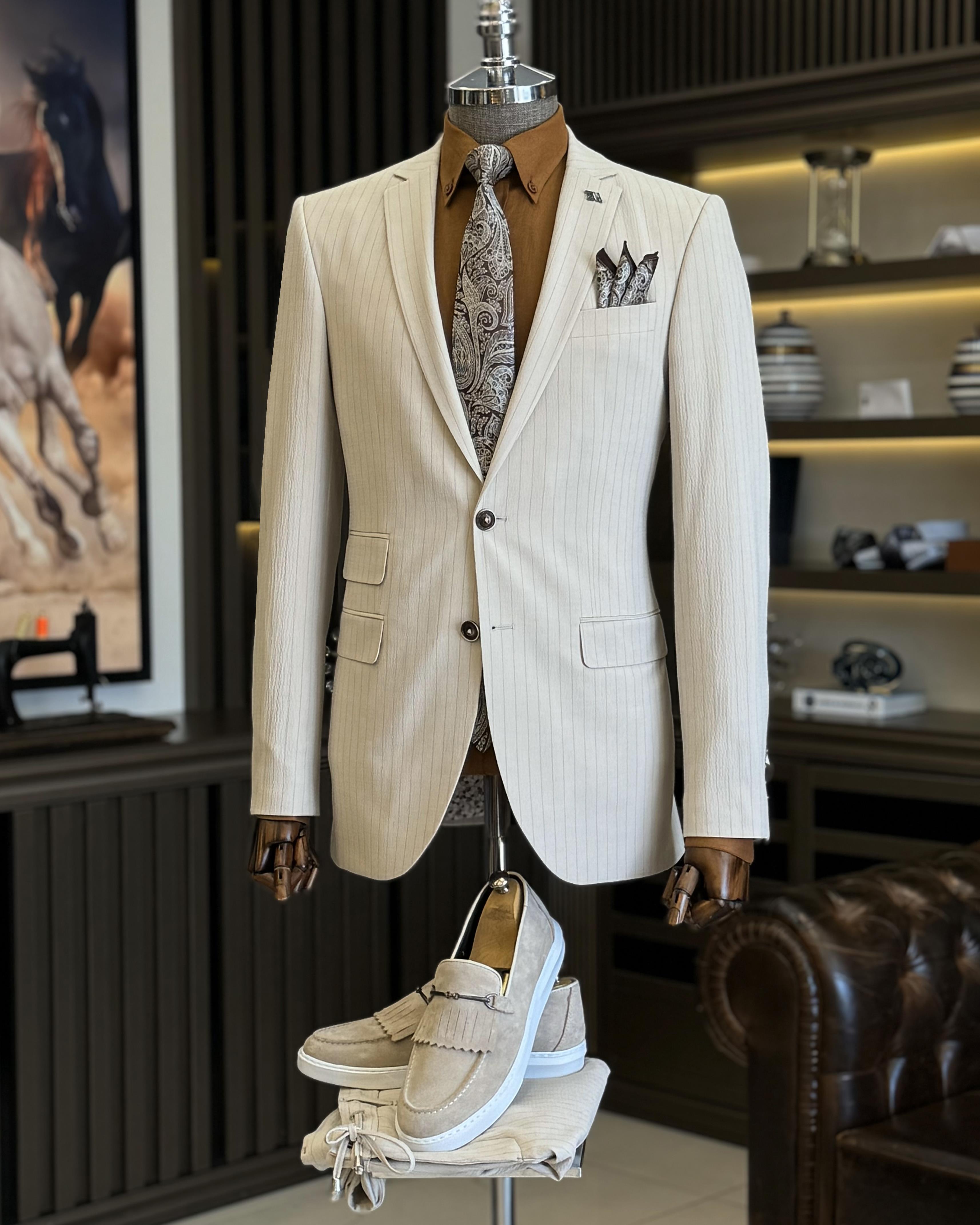İtalyan stil slim fit çizgili ceket beli bağlamalı pantolon takım elbise bej T11811