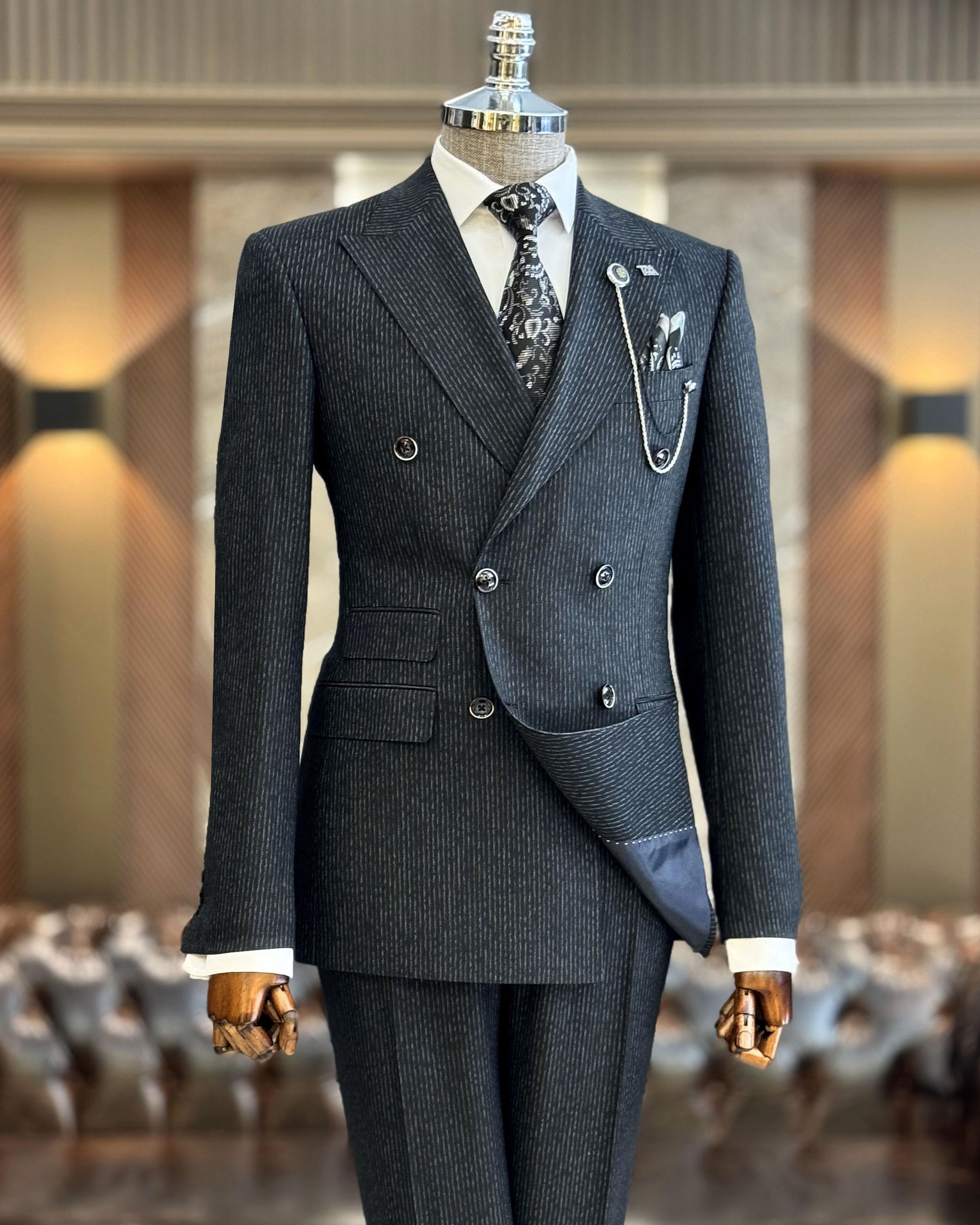 İtalyan stil slim fit çizgili ceket pantolon takım elbise lacivert T9948