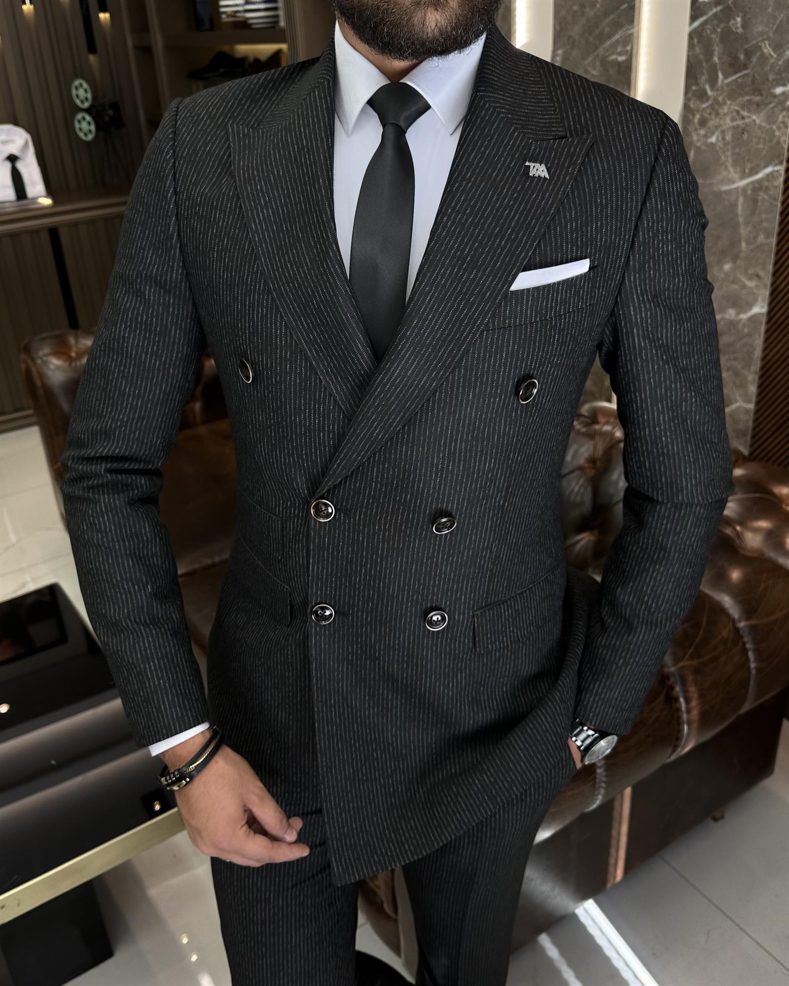 İtalyan stil slim fit çizgili ceket pantolon takım elbise siyah T9946