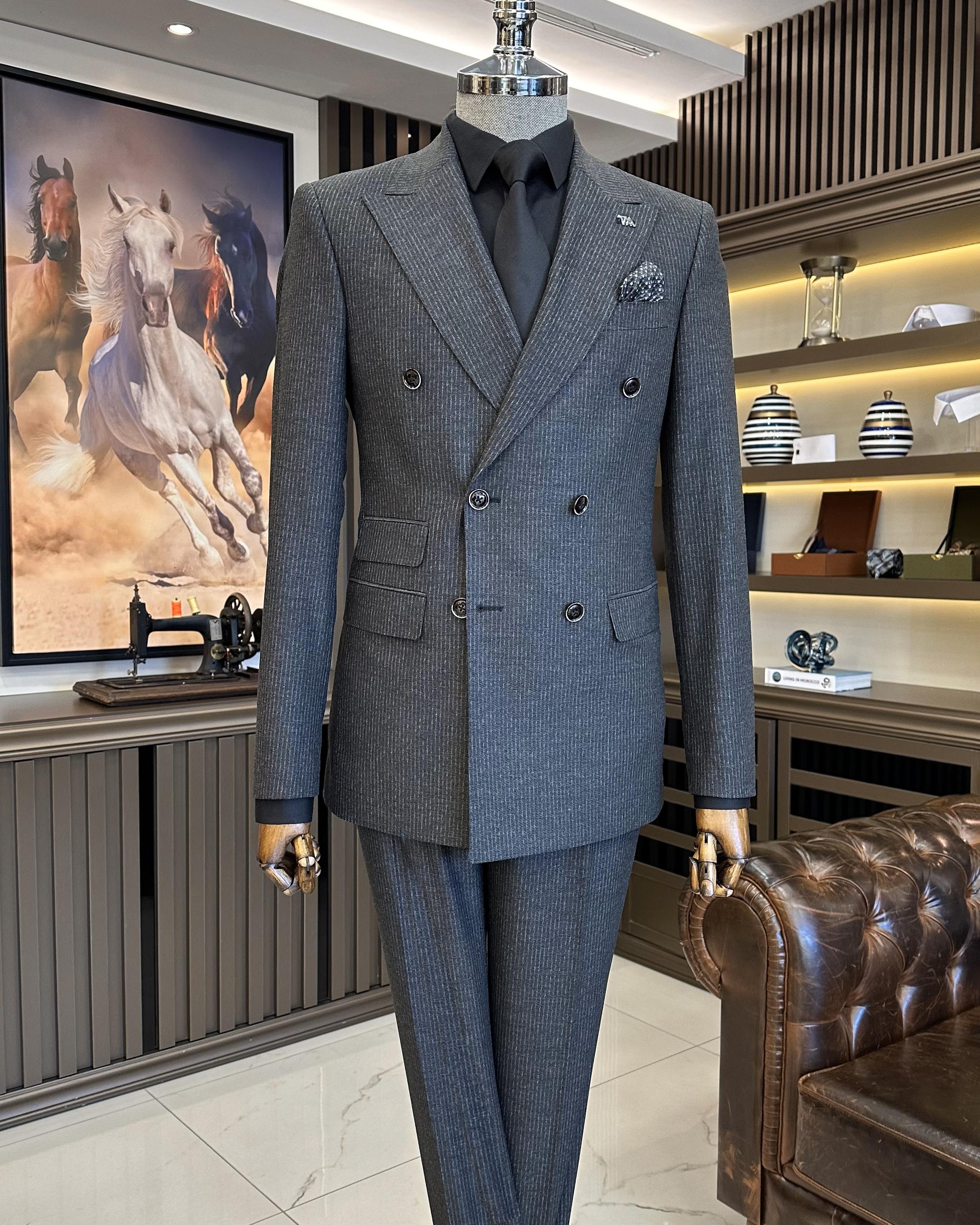 Italian style slim fit striped jacket trouser suit anthracite T9947