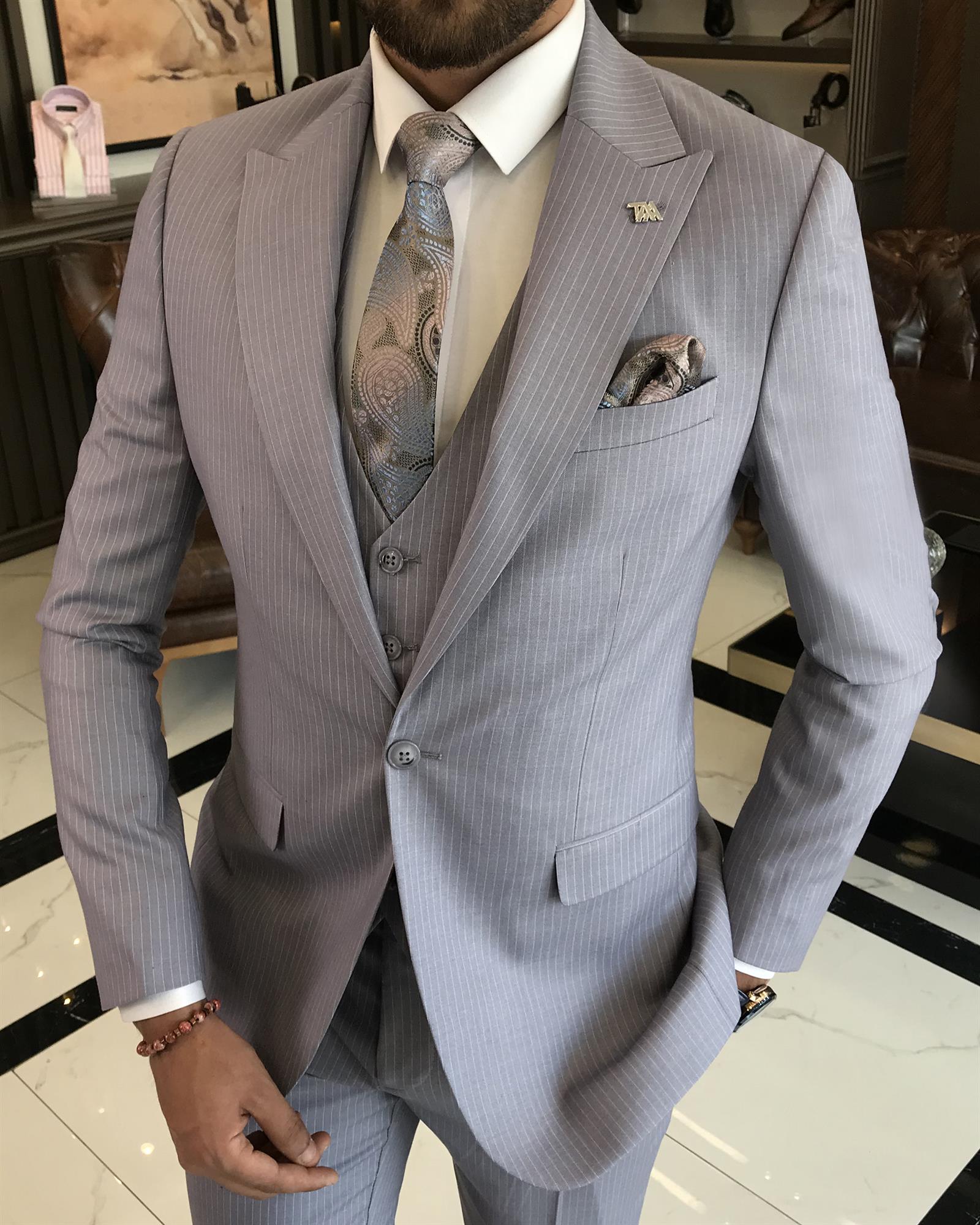 İtalyan stil slim fit çizgili ceket yelek pantolon takım elbise mavi T9750