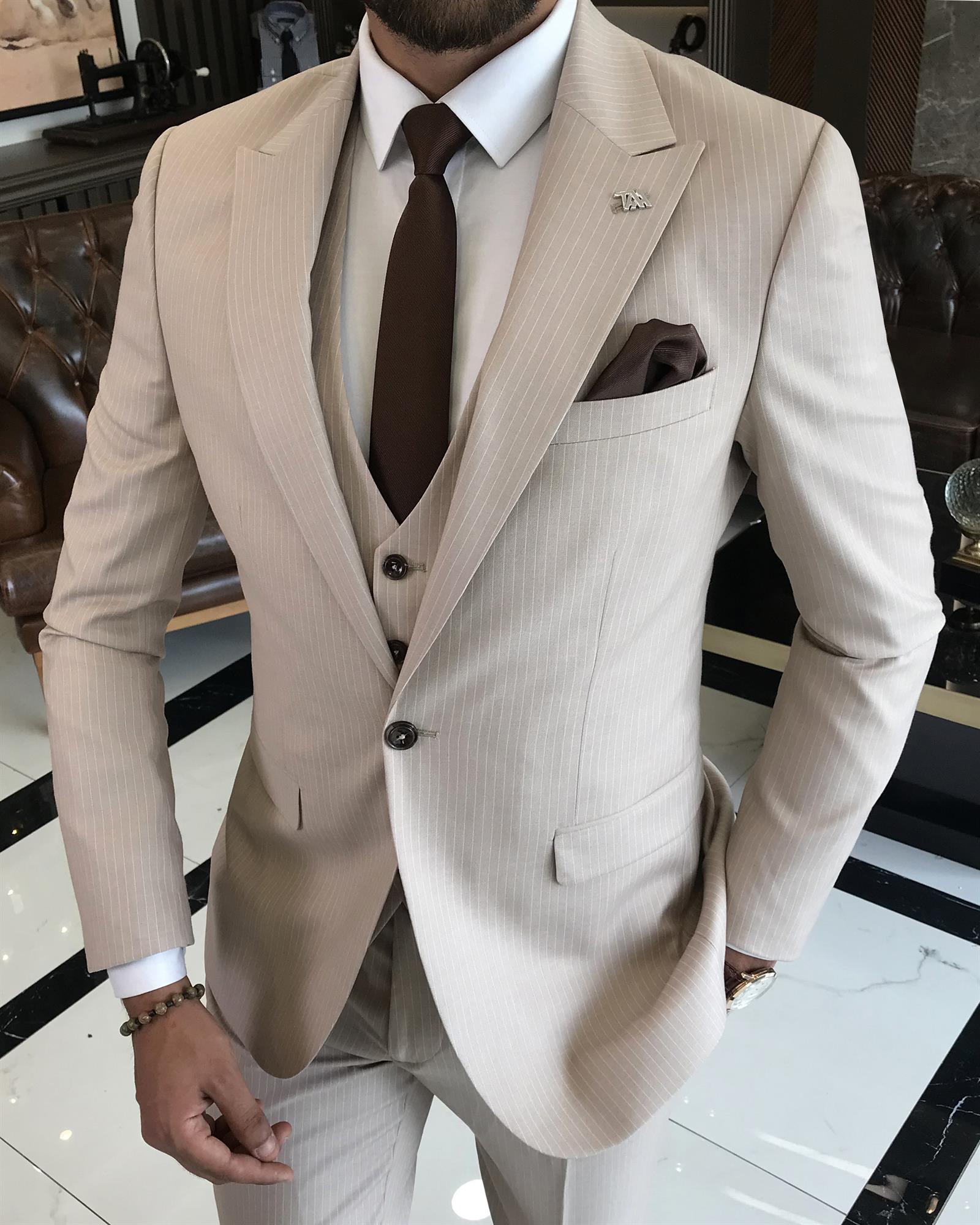 Italian style slim fit striped jacket vest pant suit beige T9748